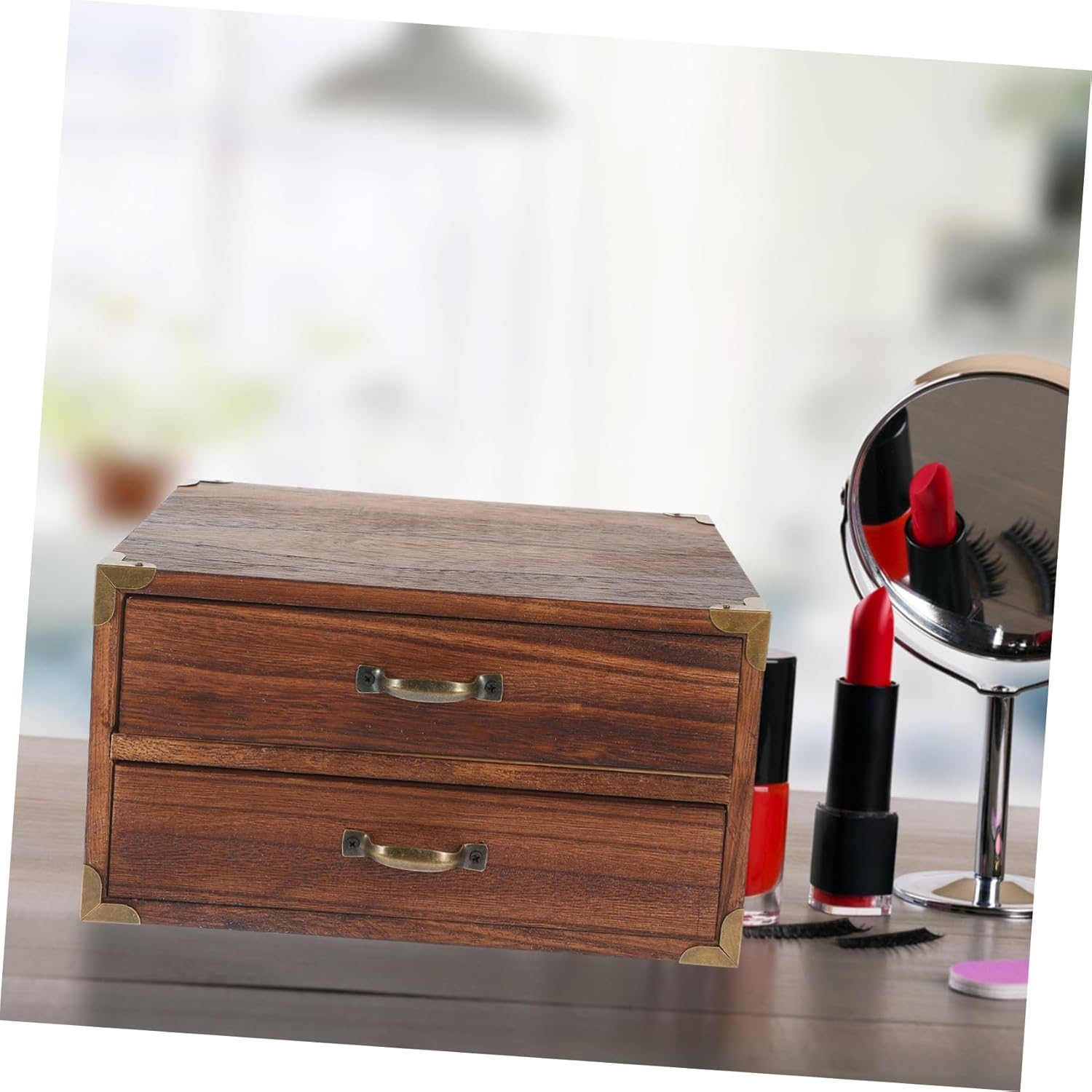 Wooden Drawer Storage Cabinet Two Drawers Desktop Organizer for Stationery Makeup Bedroom Storage Tabletop Style Holder image number 4