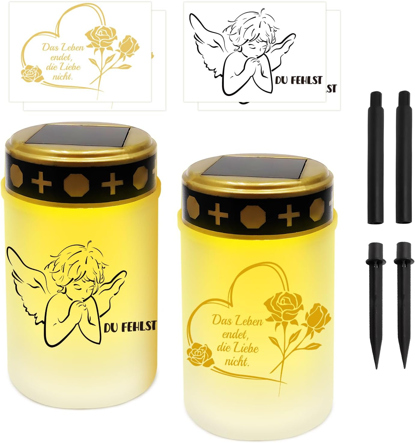 JUNUNDJING 2 Solar LED Grave Lights Funeral Candles with 4 Stickers (2 Types of Motif), Grave Light Solar LED Cemetery Candles IP55 Weatherproof with 2 Ground Spikes 2 Extensions and Twilight Sensor