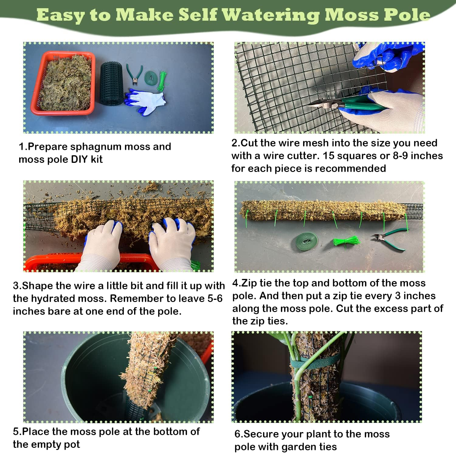 Moss Pole DIY Kit, Moss Pole for Plants Monstera, 8.3In&times;13.2Ft Steel Moss Pole Mesh with Plier, Cable Zip Ties, Max 7Pcs 23" Sphagnum Moss Pole, Mesh Moss Pole with Different Height