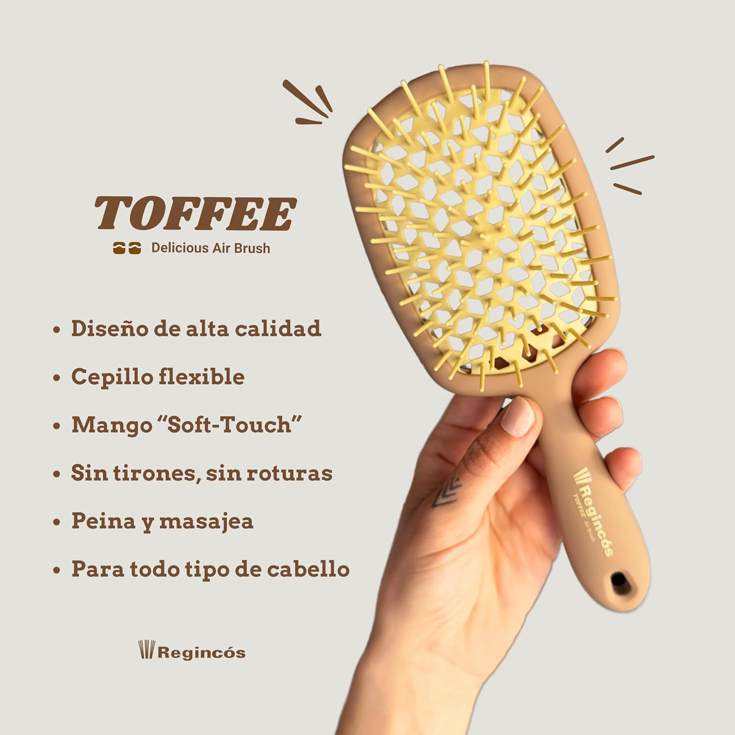 Reginc&oacute;s - Toffee Brush - Flexible - Anti-Tangling - Detangles - Dry and Wet Hair - Soft Touch - Brown Beige image number 5