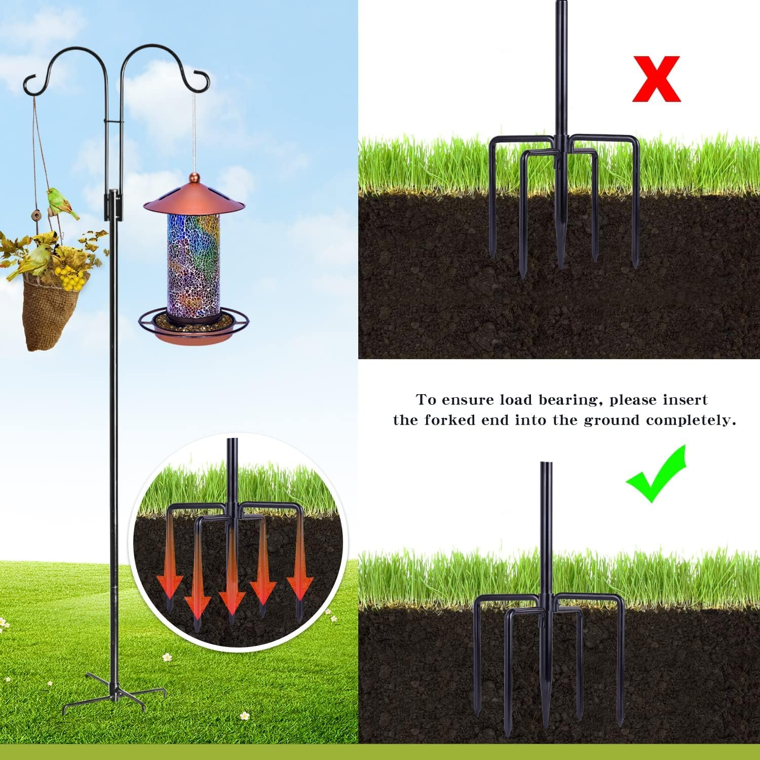 Double Shepherd Hooks for Outdoor, XICEN 79 Inch Heavy Duty Bird Feeder Pole for Hanging Bird Feeder, Garden Hooks Plant Baskets, Garden Plant Hanger Stands with 5 Prong Base image number 4