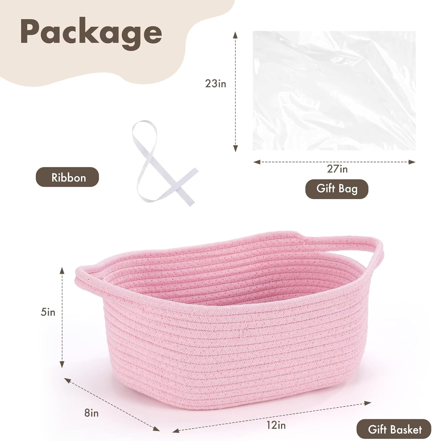 Basket with Gift Bag and Ribbon, Decorative Gift Basket with Handle for Baby Shower Nursery Gifts, Empty Storage Gift Box (Pink) image number 4