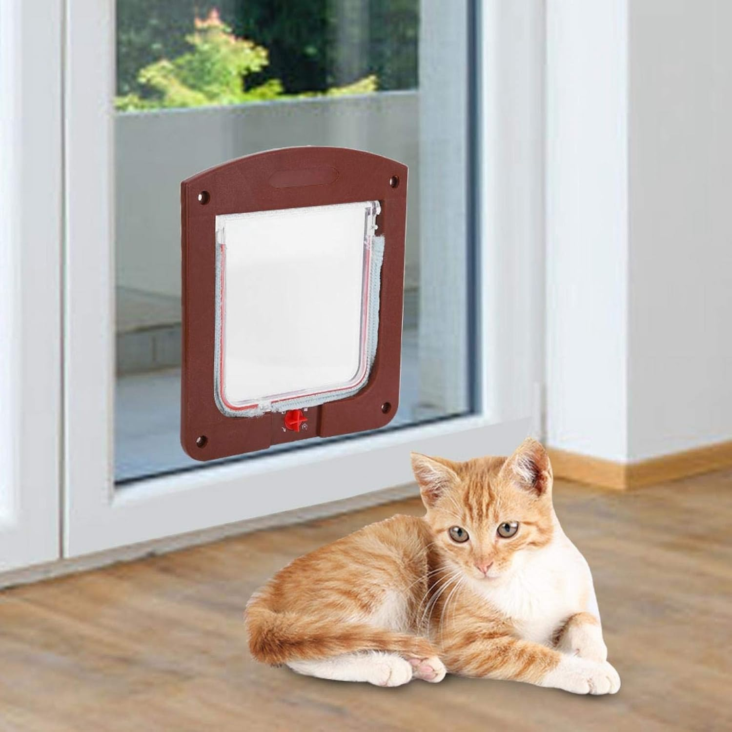 Sliding Glass Cat and Dog Door Insert, Square PP Controllable Switch Pet Door Dog Cat Flap Door Coffee Color image number 3