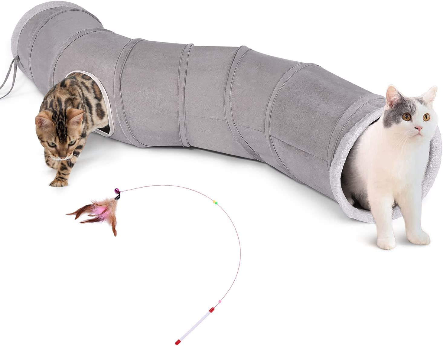 Ownpets Cat Tunnel S-Shape Collapsible Cat Play Tunnel with Interactive Feather Wand Large Pet Tunnel Tube Toy for Cat Kitten Kitty Puppy Rabbit image number 4