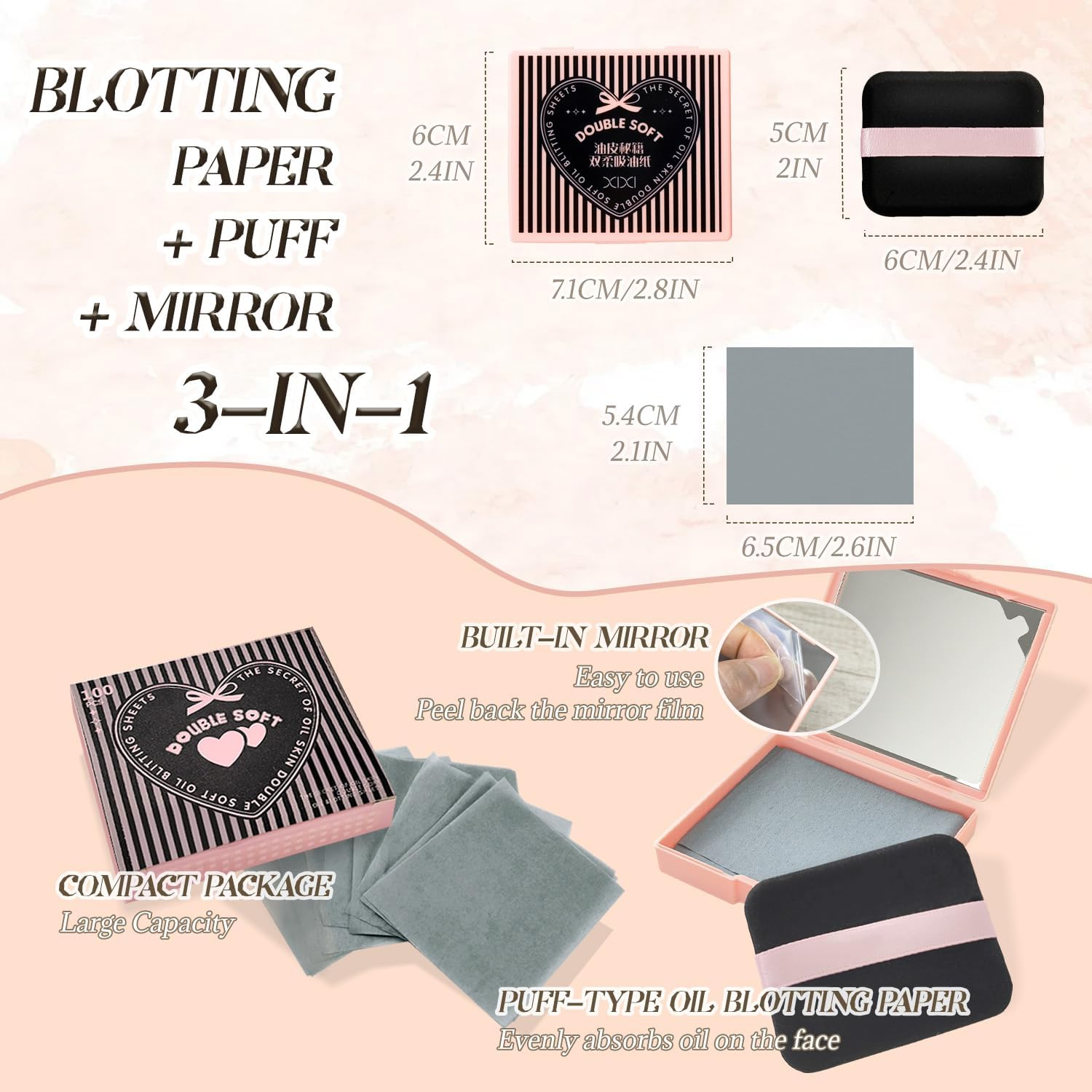 BOROLA 3-In-1 Oil Blotting Paper Set for Face Oil Absorbing Sheet with Portable Mirror & Adhesive Makeup Puff, Blotting Paper for Oily Skin, Design for Men & Women(100 Sheets, Pink Bow) image number 5