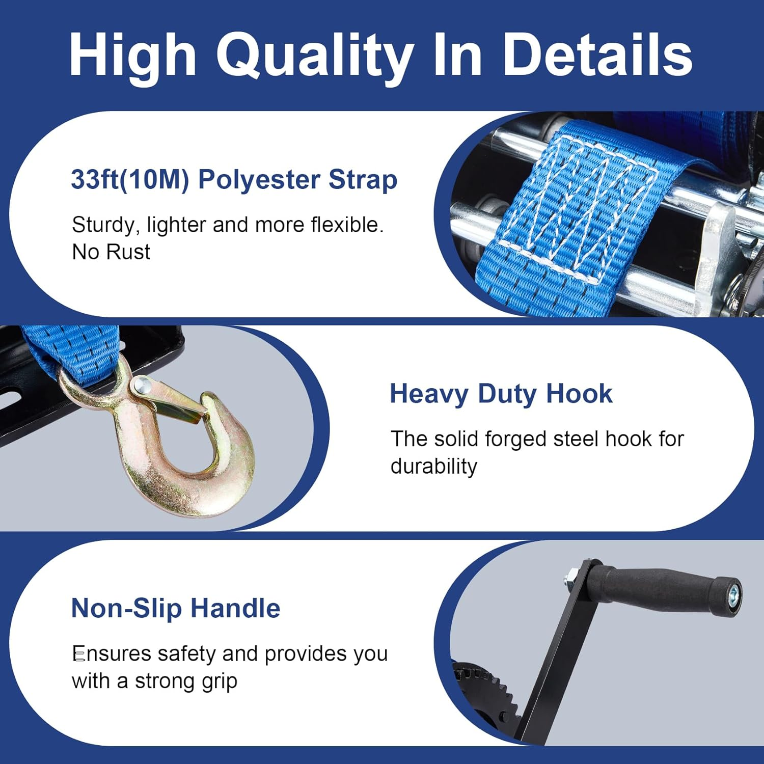 Boat Trailer Winch 3200Lbs with 33Ft(10M) Polyester Strap Hand Winch with Heavy Duty Hook 2 Way Ratchet and 2 Speed Switchable for Boat Truck Trailer ATV Jet Ski