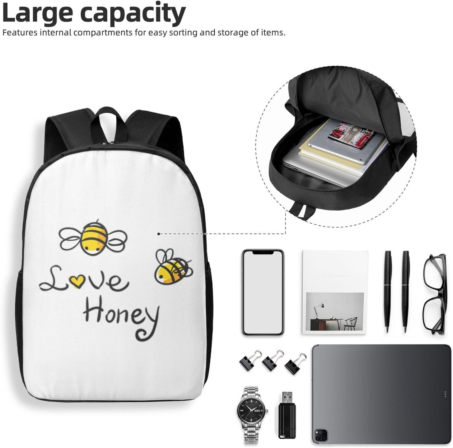 Edwal Bee Love Honey Print Lightweight Backpack Unisex Casual Rucksack Travel Stylish Daypack for Work College, Black, One Size image number 4