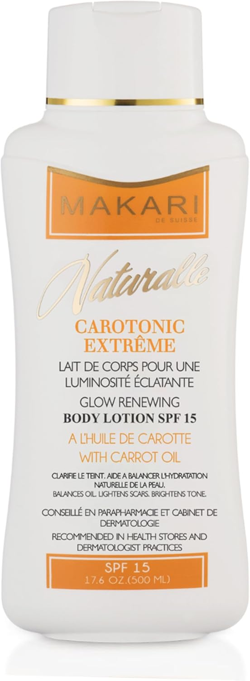 Makari Carotonic Extreme Glow Renewing Body Lotion, Infused with Carrot Oil & SPF 15, Helps Oil Control & Acne Treatment for Blemishes, Reduces Dark Spots & Hyperpigmentation, Boosts Brightening & Radiance, Provides Moisturizing & Hydrating Skin, Anti-Aging Formula for Oily & Combination Skin, 520Ml (17.6 Oz) image number 4