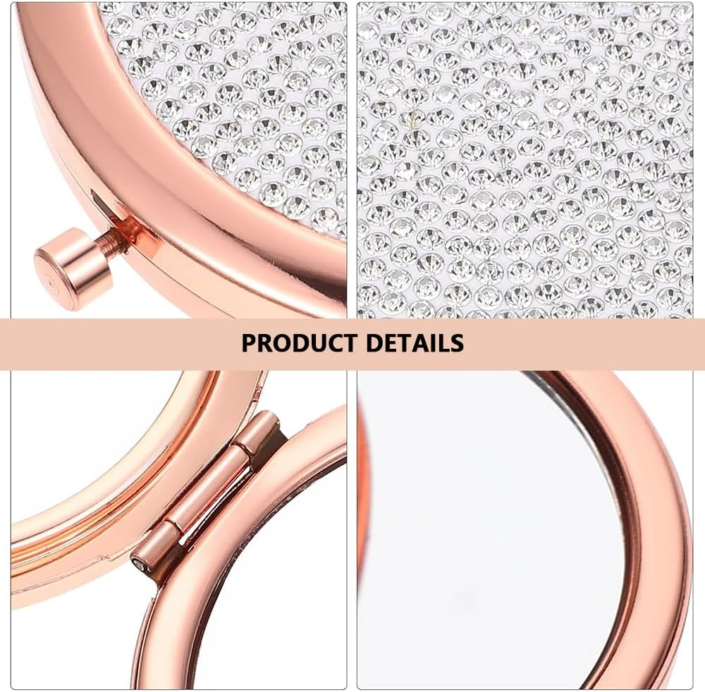 2-Piece Mini round Double-Sided Mirror Set &ndash; Diamond Metal Compact Folding Mirror, 7 Cm Travel & Pocket Mirror, Sturdy Rose Gold Cosmetic Mirror for Women & Girls
