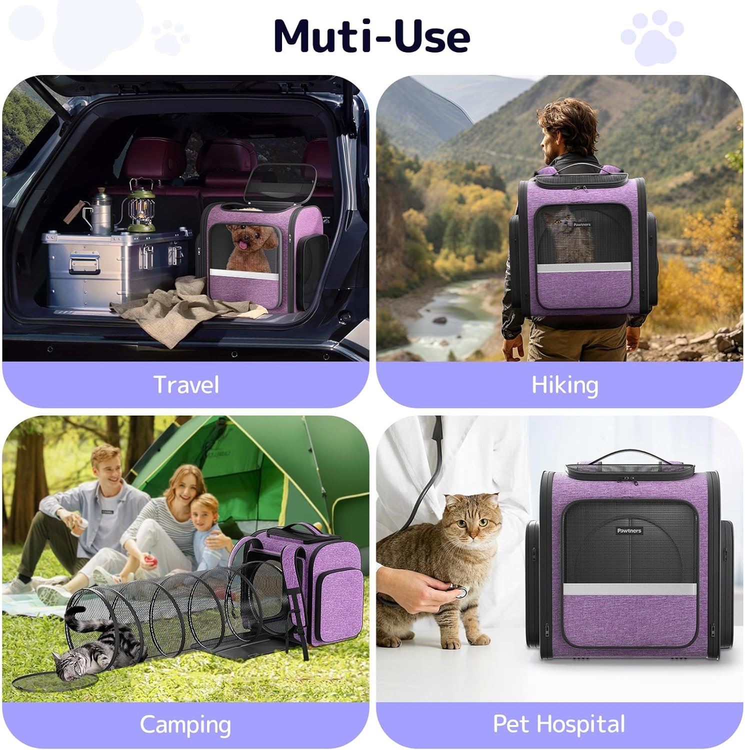 Pawtners Cat Carrier Backpacks Expandable Cat Backpack with Breathable Mesh, Pet Carrier Backpack for Cats Small Dogs Puppies up to 18 Lbs, Dog Carrier Backpack for Travel Hiking Camping Outdoor - Purple image number 2