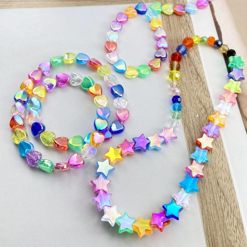 600 PCS Acrylic Beads Heart Star Shape Beads Clear Acrylic AB Colors Bead Assortments Colorful Flat Bead-In-Bead Loose Beads Spacer for DIY Necklace Bracelet Jewelry Craft Making (Deep Lake Blue AB) image number 3