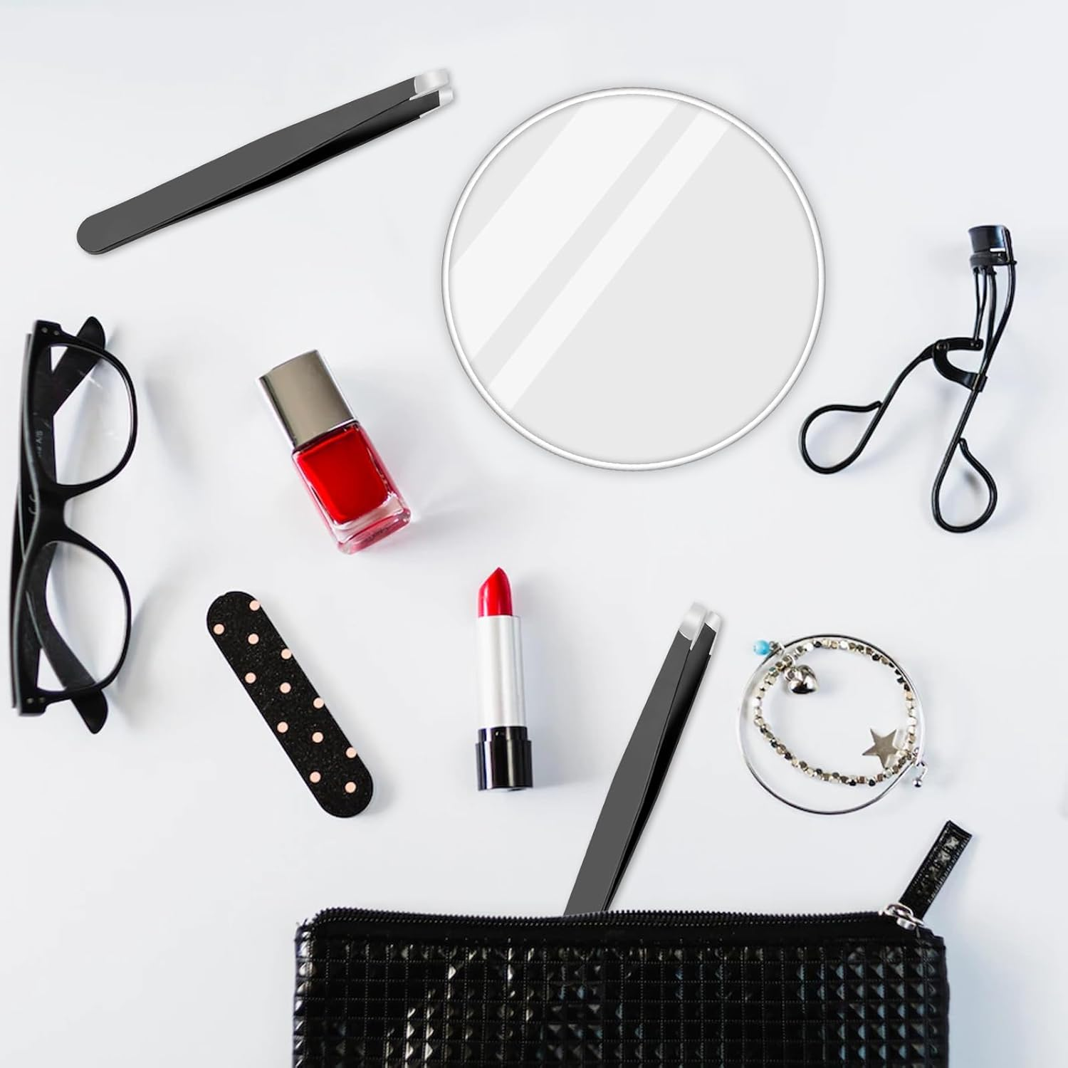 30X Magnifying Mirror, 3.5 Inches Magnifying Mirror with Suction Cup and 2Pcs Tweezers, Stick on Shower Mirror Travel Pocket Magnifying Mirror Plucking Eyebrows Mirror Set -White - White image number 2