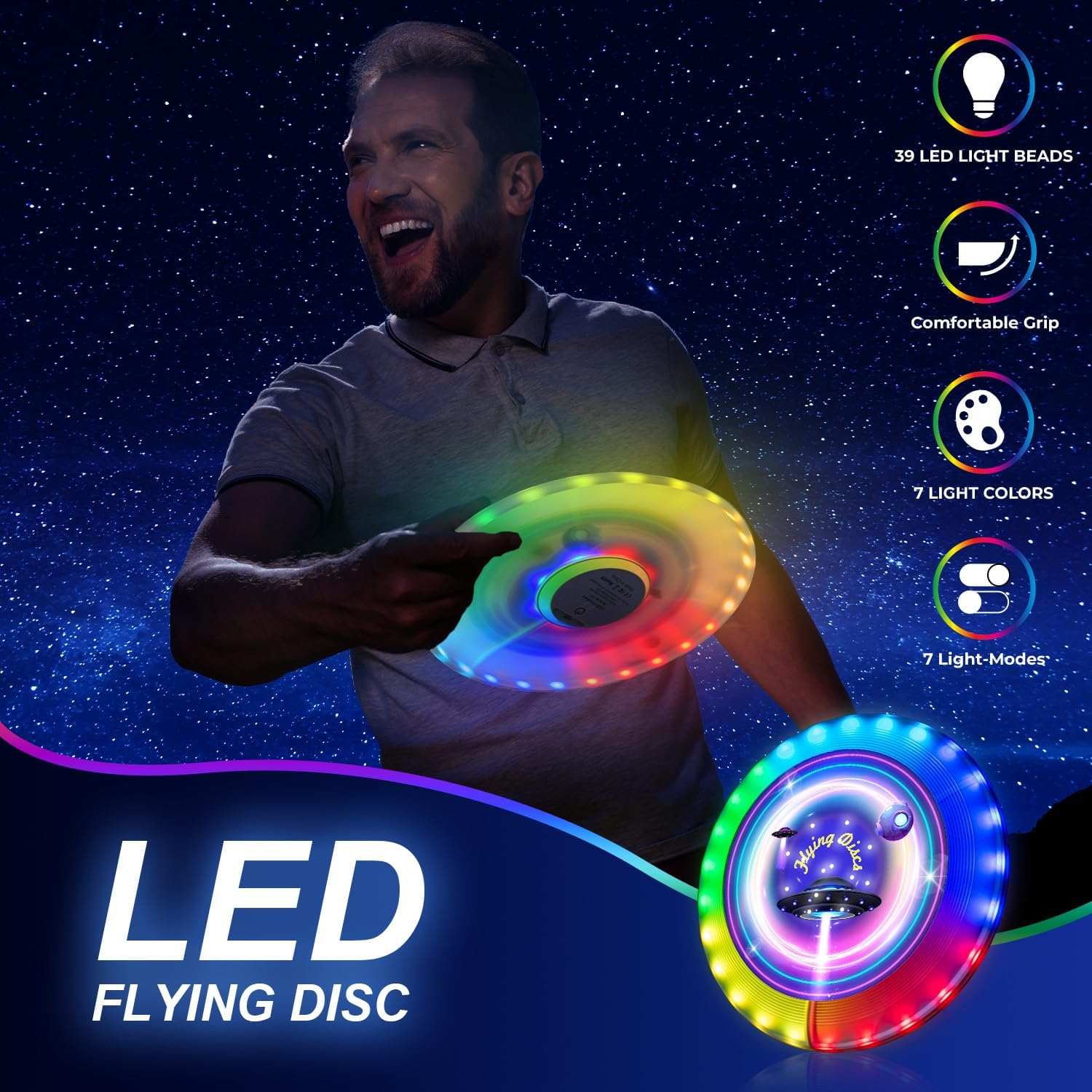 27Cm Glowing in the Dark Frisbee, Glow in the Dark LED Flying Disc with 39 RGB Leds,7 Modes, Waterproof, 178G and Rechargable image number 4