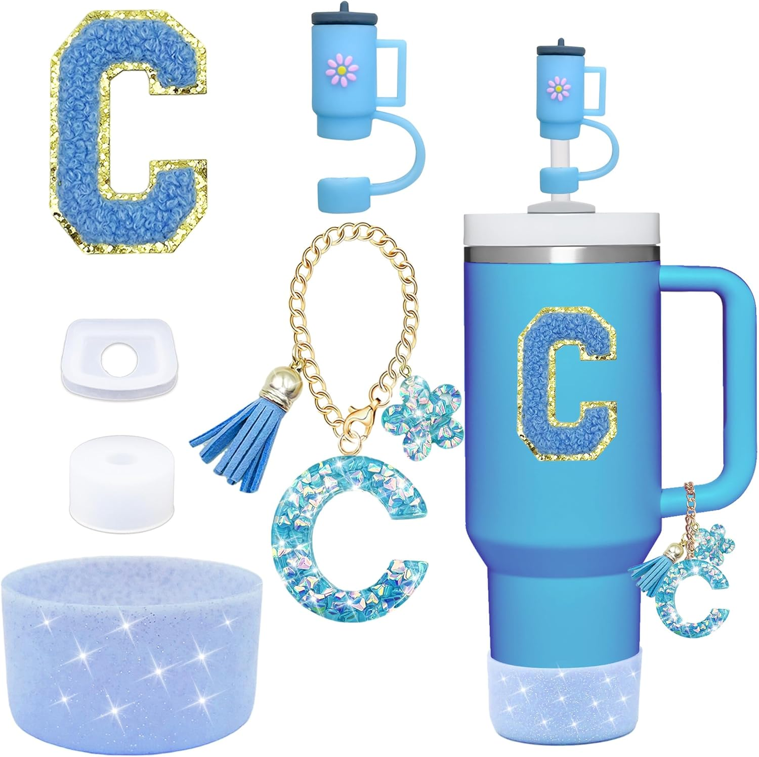 6PCS Cup Accessories Set for Stanley Cup 30Oz 40Oz Tumbler with Handle, Including Silicone Straw Topper Cover Cap and Boot, Spill Proof Stopper, Handle Charm, Initials Sticker(Blue J)