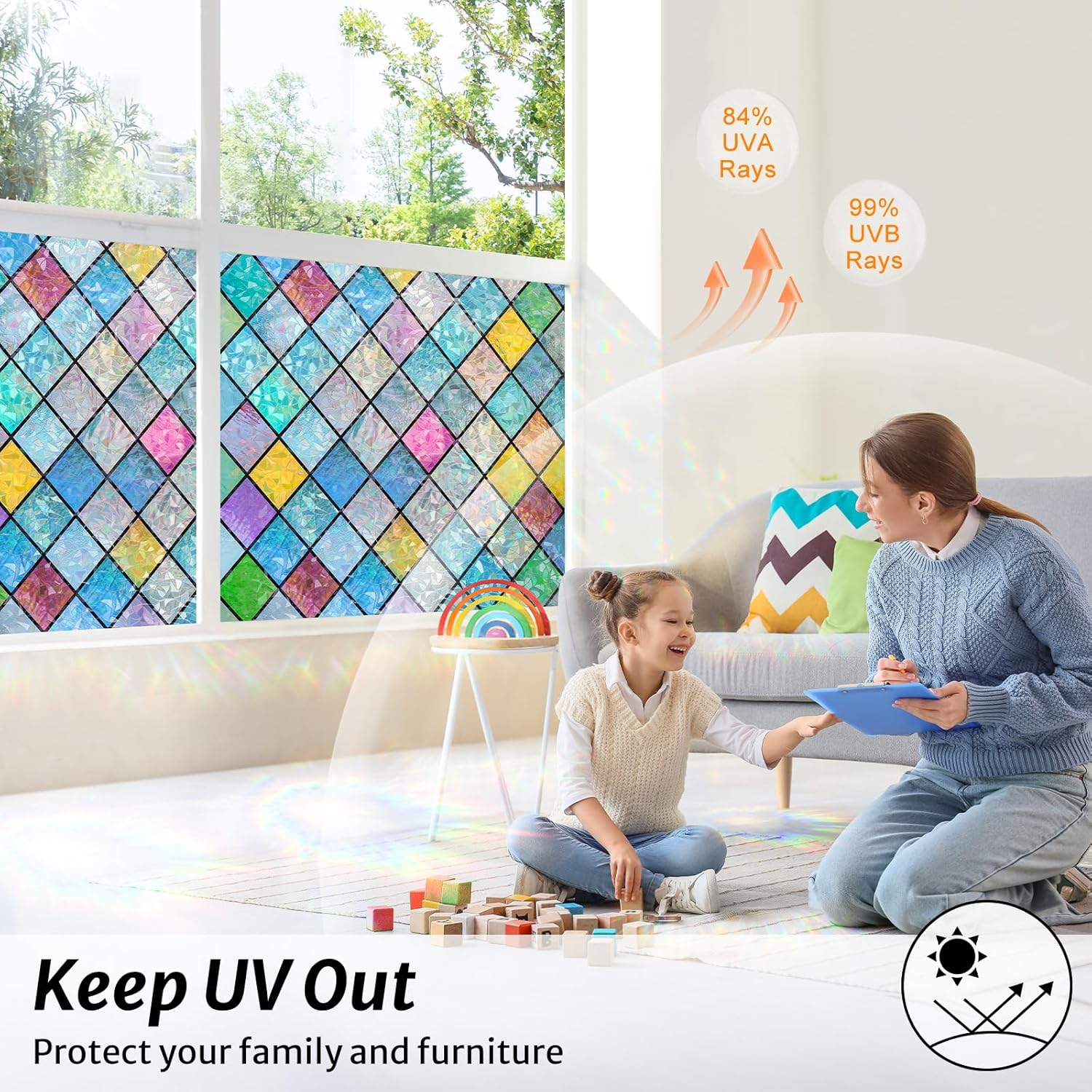 Rabbitgoo Stained Glass Window Film Rainbow Film Decorative 3D Privacy Sticker Colorful Lattice Window Decals Cling, Sun Catcher Static Decals for Home 90X200Cm image number 4