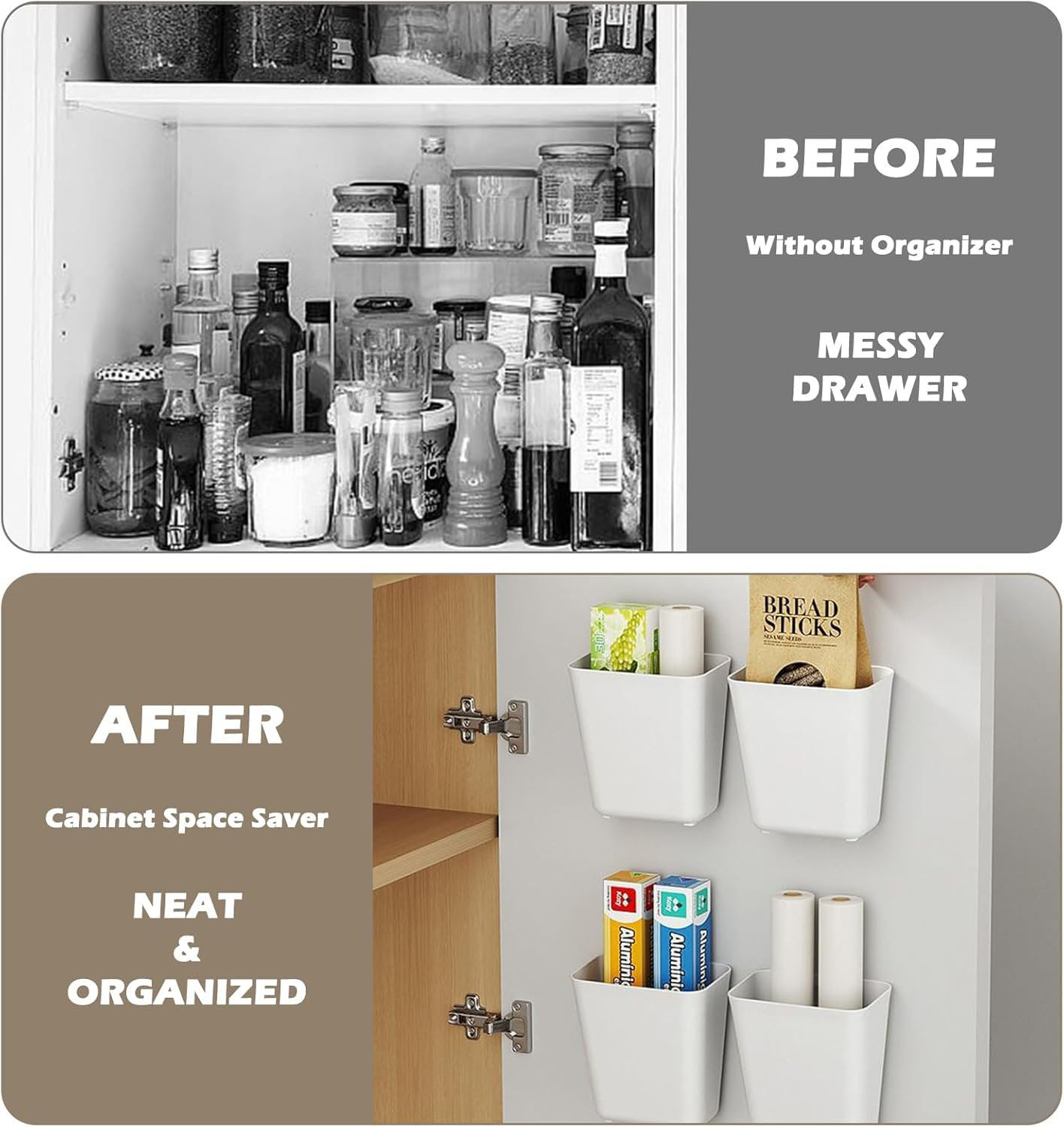 Pack of 2 Wall Mounted Storage Boxes, Door Organiser, Cupboard Organiser, Hanging Bathroom Organiser, Drawer, Self-Adhesive, Multifunctional, Suitable for Fridge, Kitchen, Bathroom, Bedroom (White) image number 2