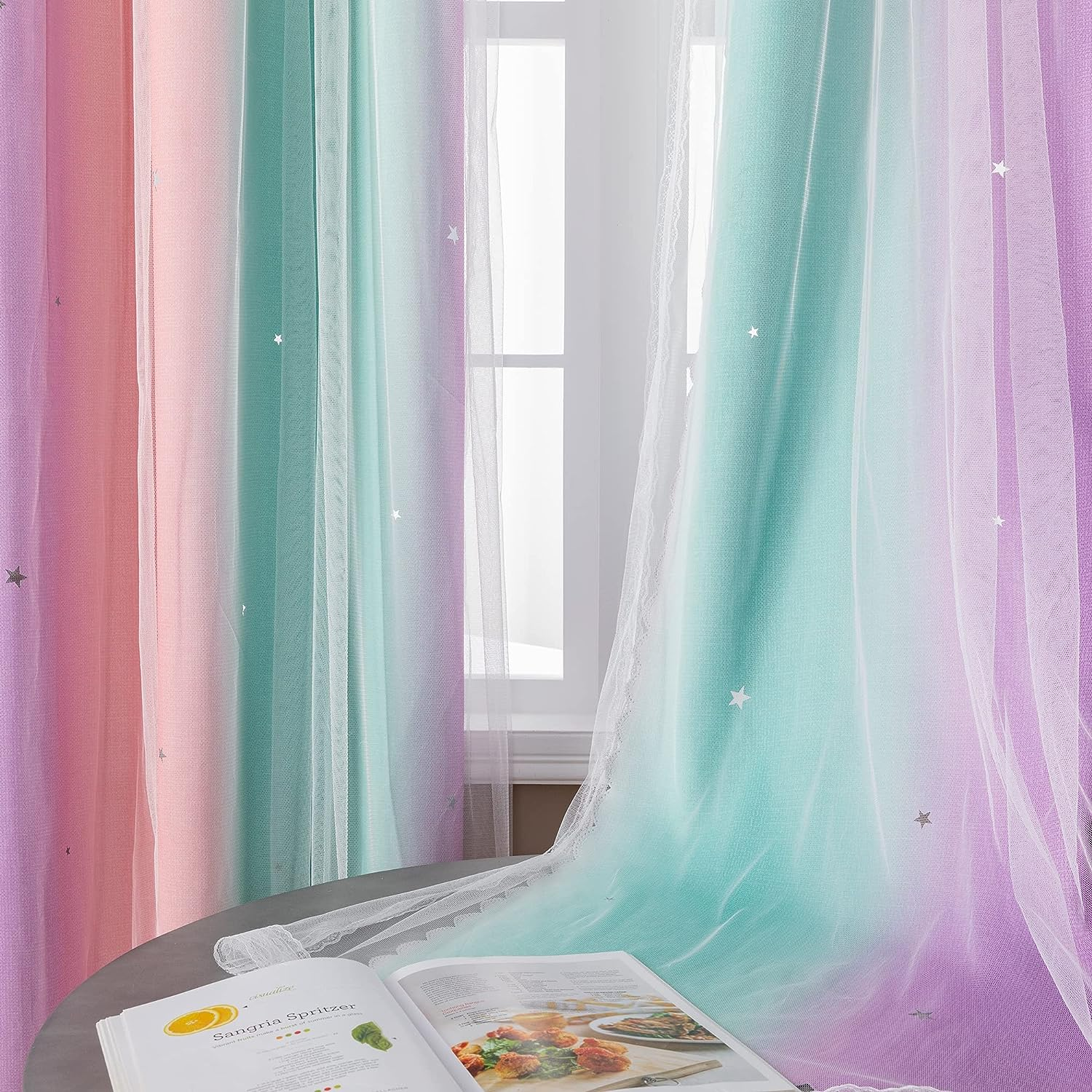 Xidi Curtains for Girls Bedroom 2 Panel Set, Thermal Insulated Window Ombre Panels, Rainbow Pink Drapes for Kids Room Unicorn Wall Decals, Black Out Curtains 160Cm Long Pink/Purple/Green W132 X L160 image number 6