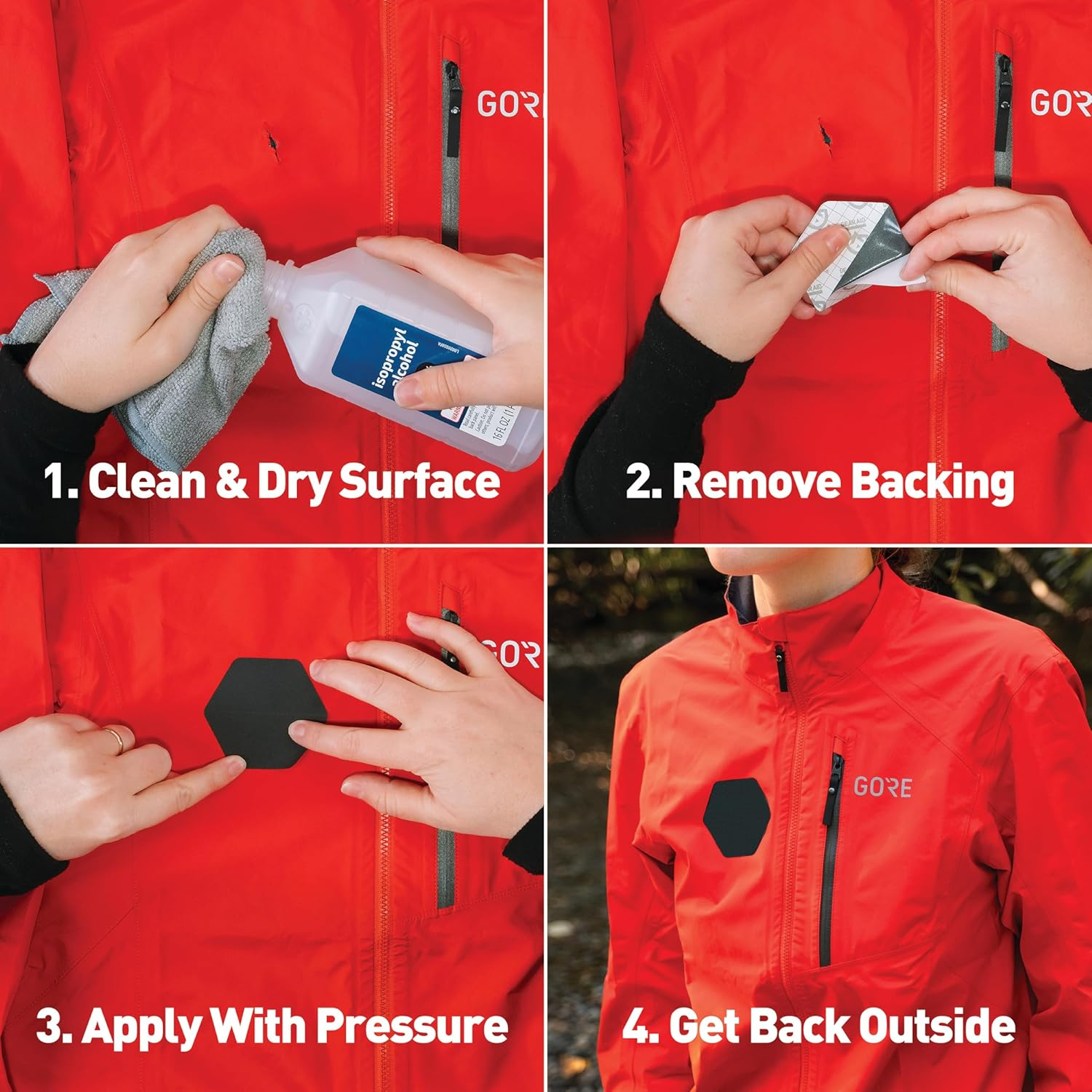 GEAR AID Tenacious Tape Gore-Tex Fabric Patches for Quickly Fixing Holes and Tears in Jackets, Gloves, Rain and Ski Pants | Black | 2.5&rdquo; X 2.8&rdquo; Hexagon, 2.5&rdquo; X 4&rdquo; Rectangle, 2 Patches image number 5