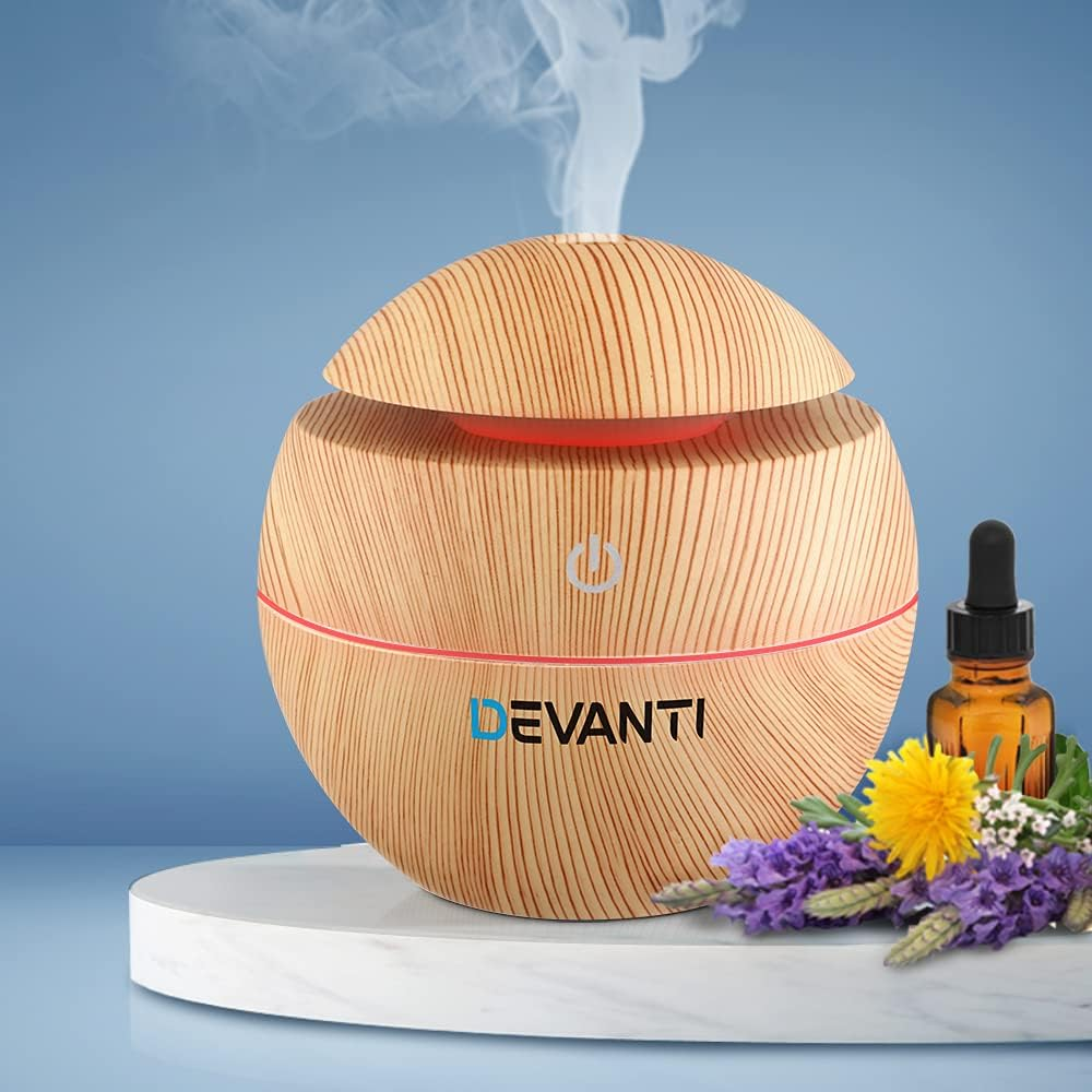 Devanti Aroma Diffuser, 130Ml Wood Grain Air Humidifier Purifier Essential Oils Car Freshener Vaporizer Aromatherapy Diffusers Scent Booster Home Office Bedroom Humidifiers Steam, 7 Led Light