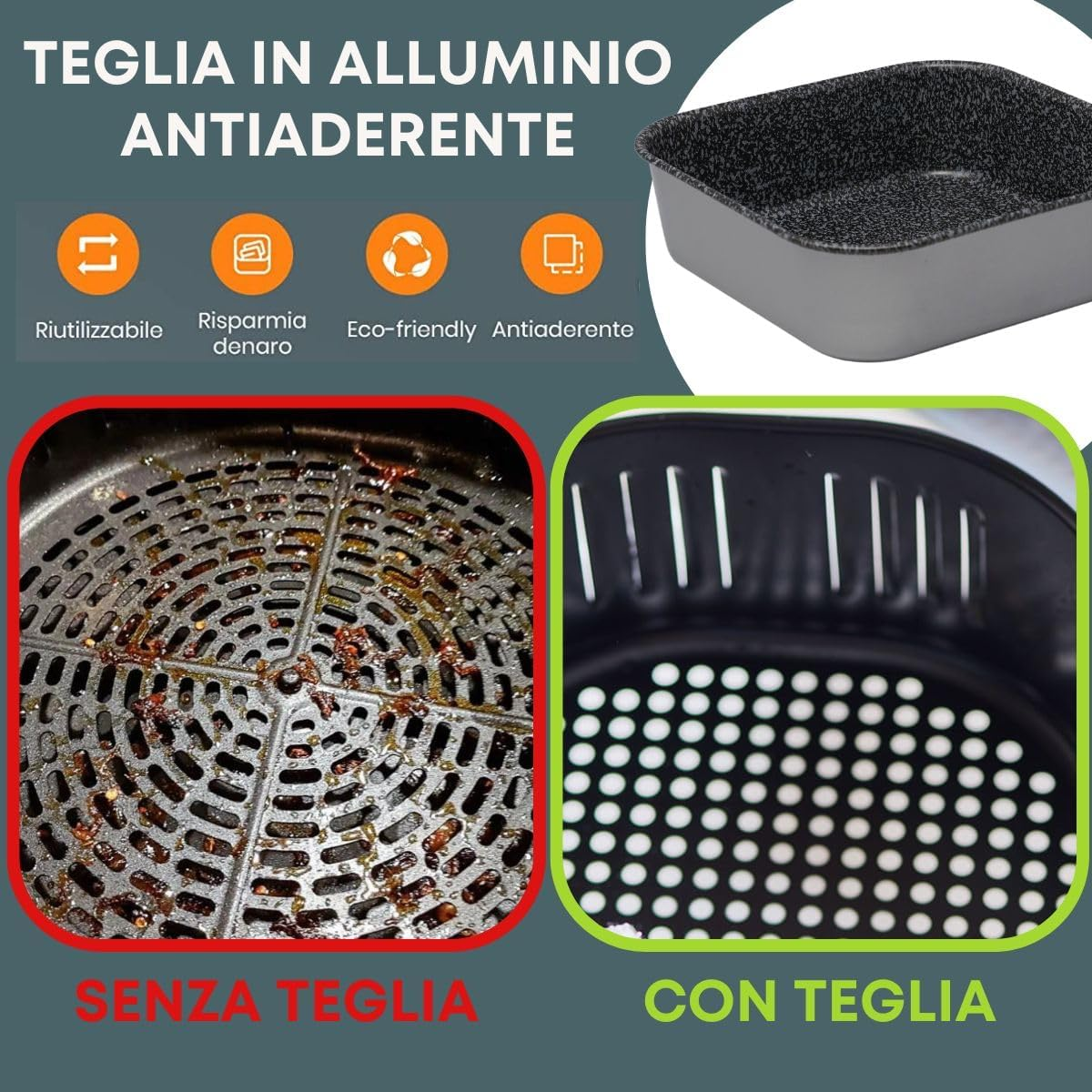 NAMAI - Set of 20 X 20 Cm Air Fryer Baking Tray + Cake Tin 18 Cm, Aluminium, Non-Stick Coating, Dishwasher Safe, Stone Look, Made in Italy (20 X 20 + Cake Tin 18) image number 6