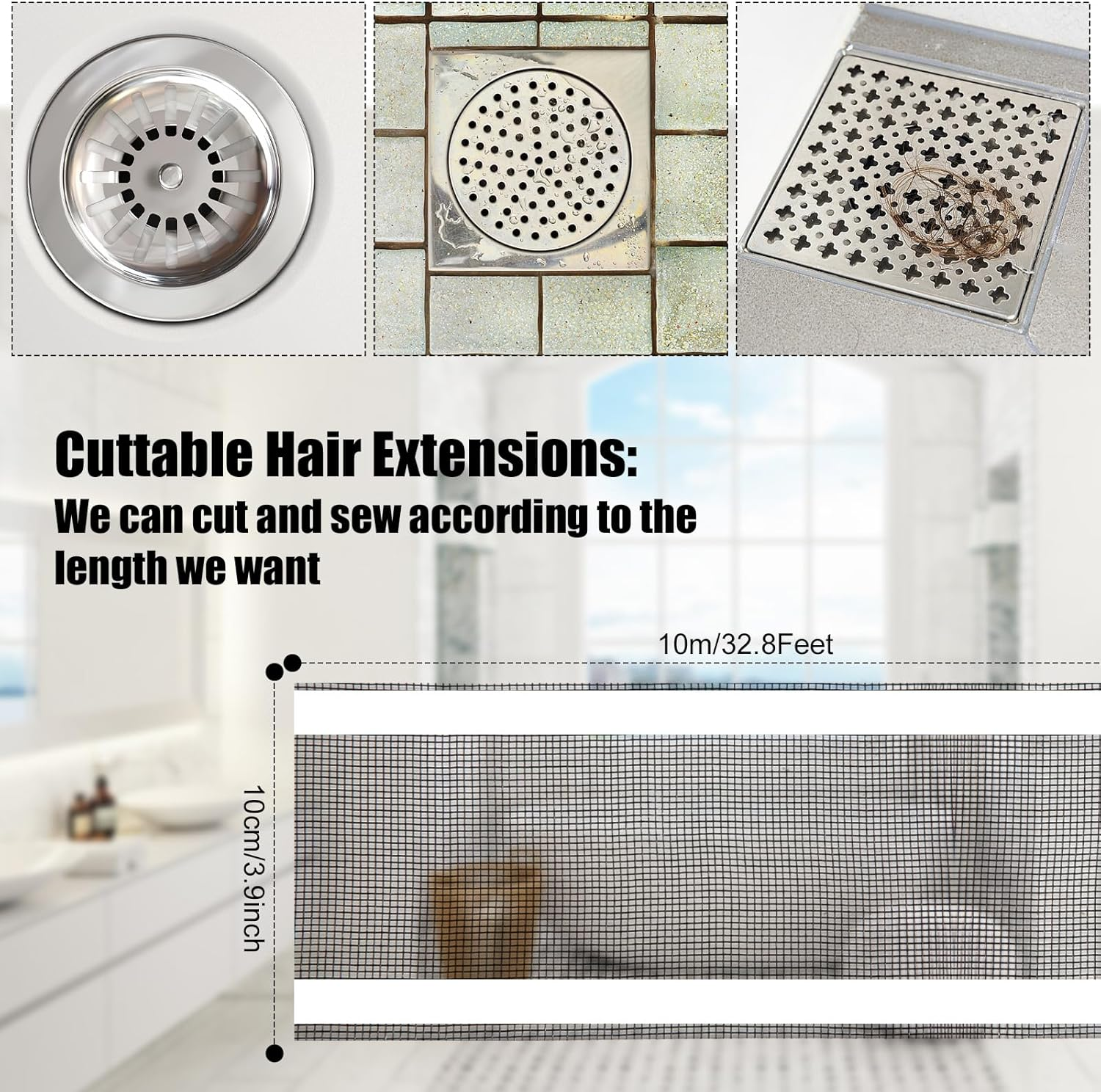 Cuttable Hair Catcher, 32.8 Feet X 4 Inch, Shower Hair Catcher with Removal Tool, Drain Protector Hair Strainer Hair Filter for Drain Hair Stopper for Bathtub Shower Kitchen image number 5
