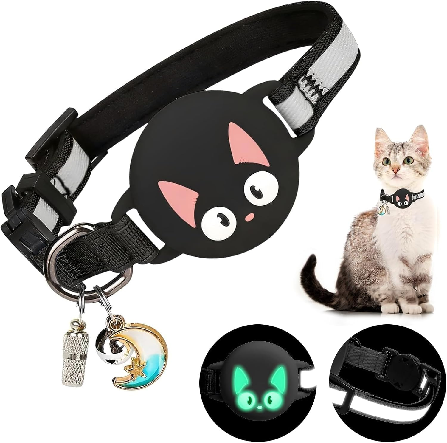 Woyinger Reflective Breakaway Cat Collars with Name Tag, with Apple for Air Tag Holder and Bell, Waterproof for Airtag Cat Collar Holder, Adjustable,Reflective Breakaway Cat Collars, for Cats (Blue)