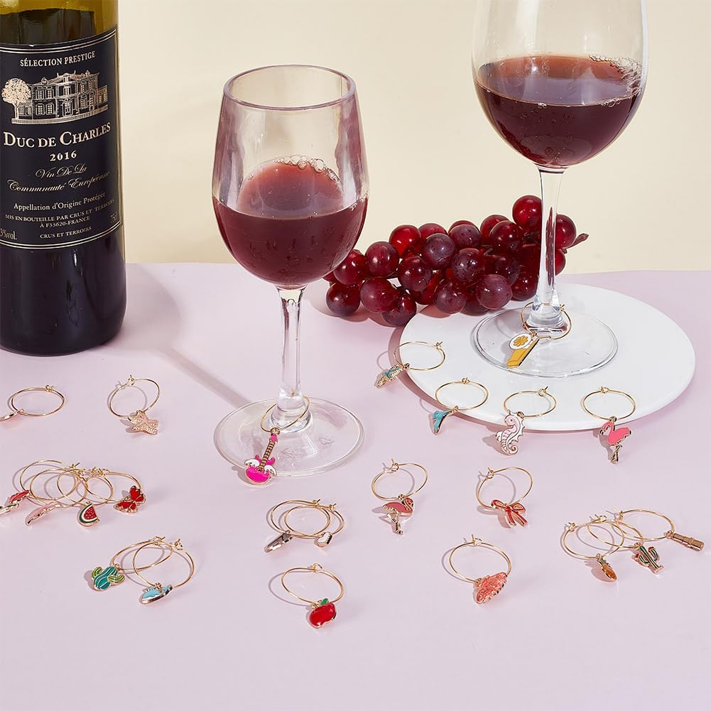HOBBIESAY 50Pcs Wine Glass Charms with 50Pcs Hoops Unique Drink Markers Assorted Drink Identifiers Mixed Style Wine Charms Accessories for Party Cocktail Wedding and Wines Tasting Events image number 1