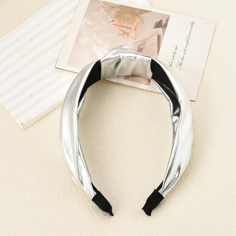 Leather Knotted Headband Silver Bowknot Headbands for Women Girls Cross Knot Hairband Wide Turban Headband for Women