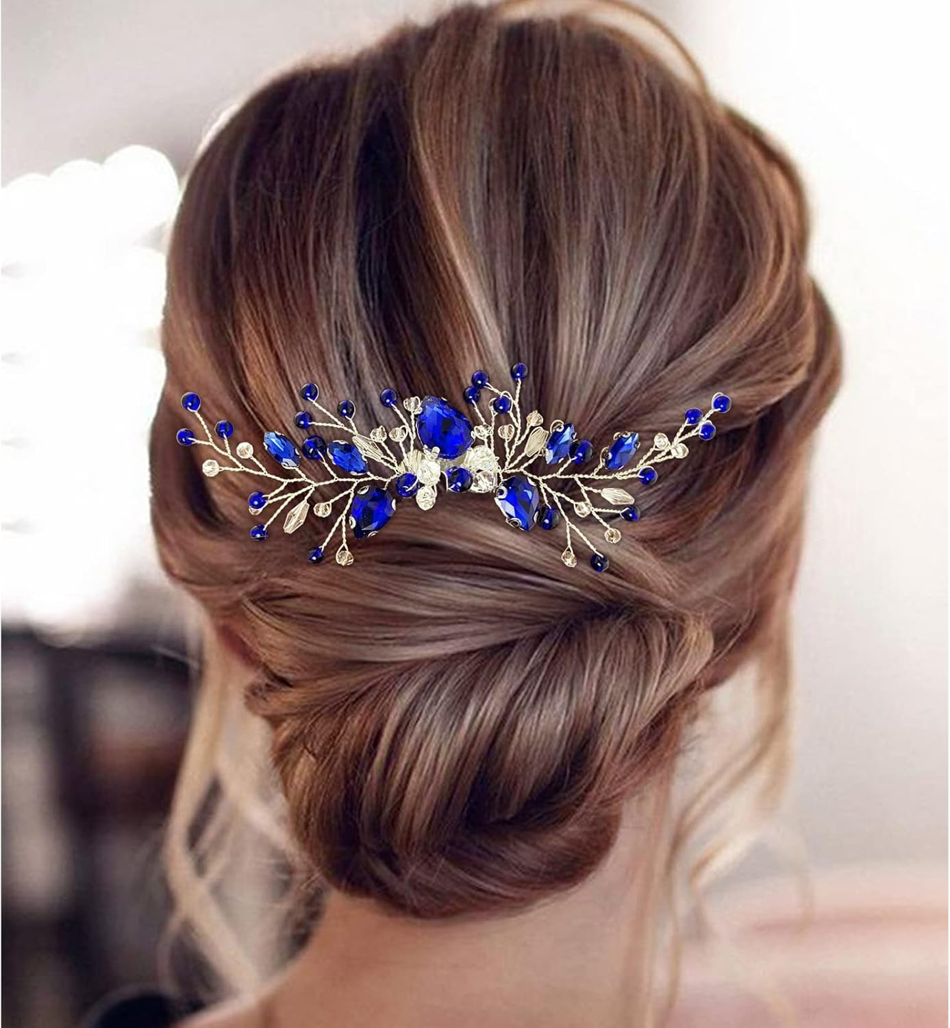 Bridal Crystal Hair Comb and Earrings Set Elegant Bride Wedding Hair Piece Accessories for Women Prom Party Photography (Royal Blue) image number 3