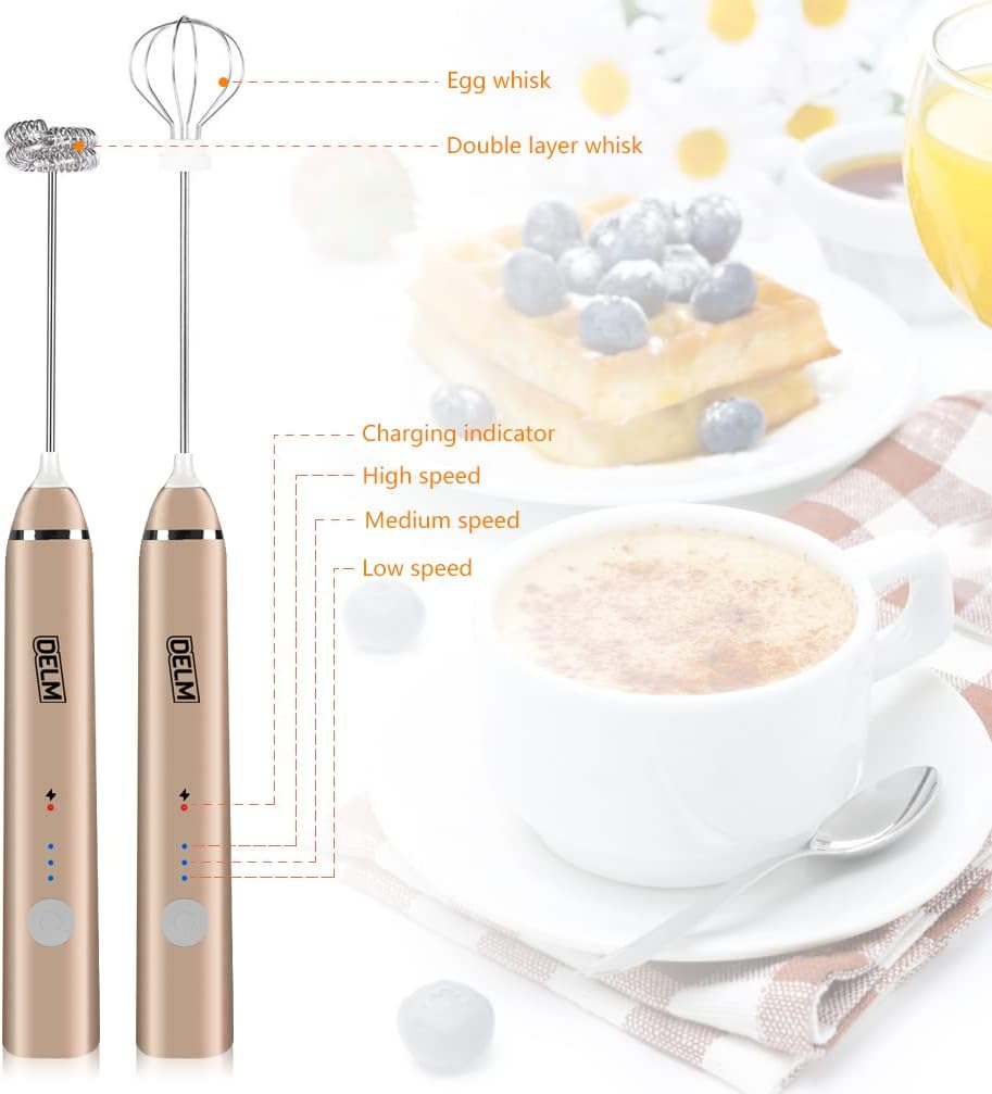 DELM Rechargeable Milk Frother Handheld Foam Maker with Stainless Whisk for Cappuccino, Latte, Bulletproof Coffee, Keto Diet, Protein Powder, Matcha (Beige) image number 5