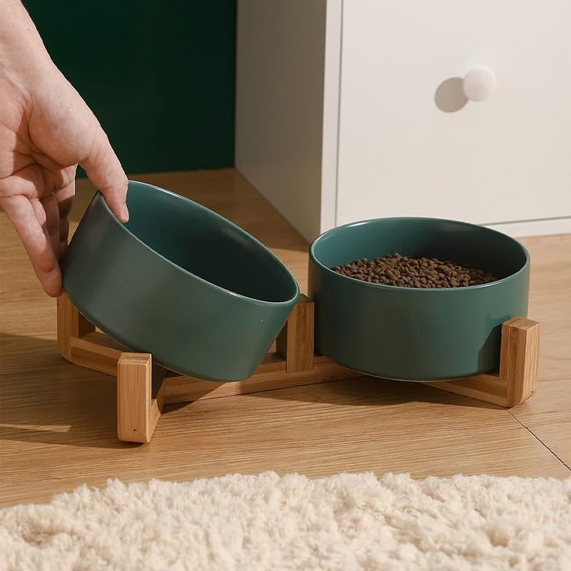 Jade Deals Ceramic Pet Bowl Double Cat Food Bowl Dog Water Bowl Feeding Drinking Bowl Set, 3.5&times;5.9In with 11.8In Bamboo Stand, Elevated Feeding/Drinking for Cats & Small Dogs image number 3