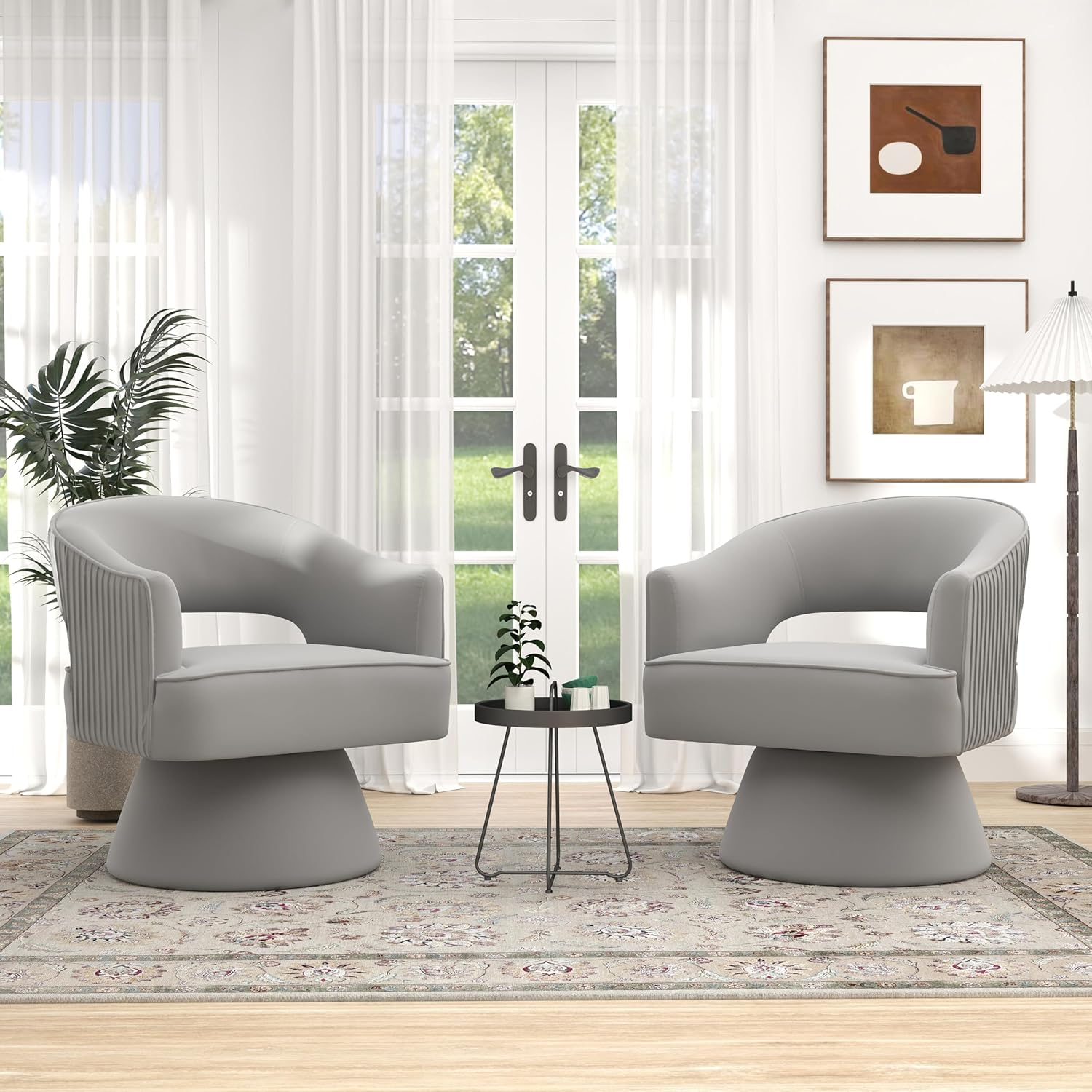 Mid Century Modern Swivel Accent Chair, 360 Degree Swivel Barrel Chair, Upholstered Lounge Chair Comfy Vanity Chair, Striped Velvet Armchair for Living Room Sofa, Bedroom, Reading Room(Gray) image number 4