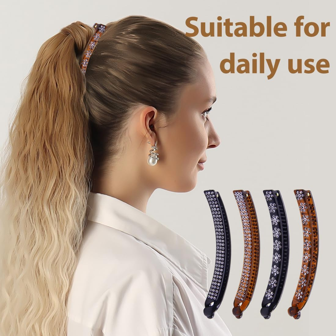 ARHZ 4 Hair Clips 11 Cm Plastic Banana Clip Explosive Black Hair Clip with Diamond, Japan and South Korea Simple Ponytail Clip, Vertical Plate Hair Clip image number 3