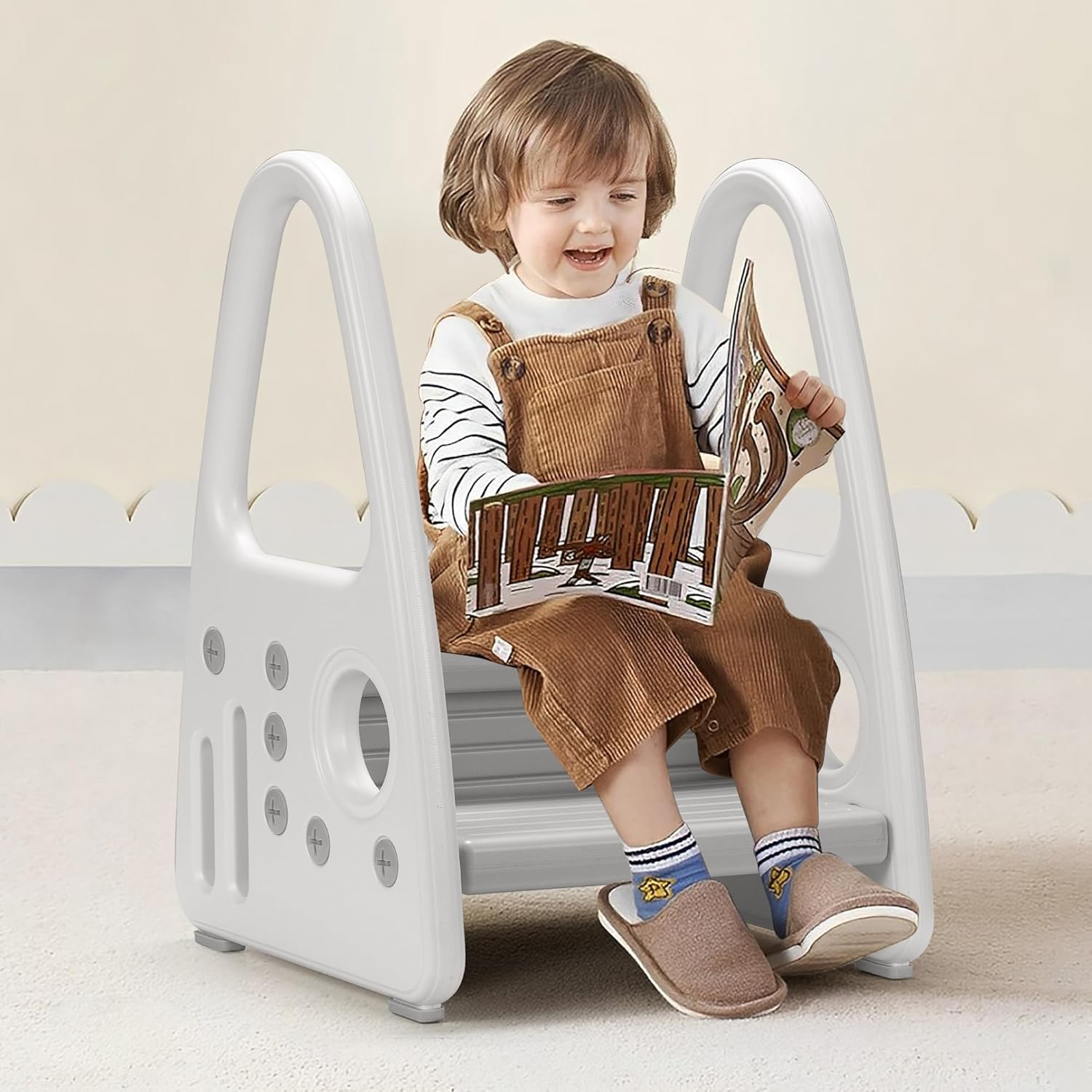 Playpals 2-Step Toddler Step Stool for Bathroom Sink, Kids Toilet Potty Training, Bed & Kitchen Counter Use, Non-Slip Double-Height Toddler Tower with Handle (White-Grey) image number 1