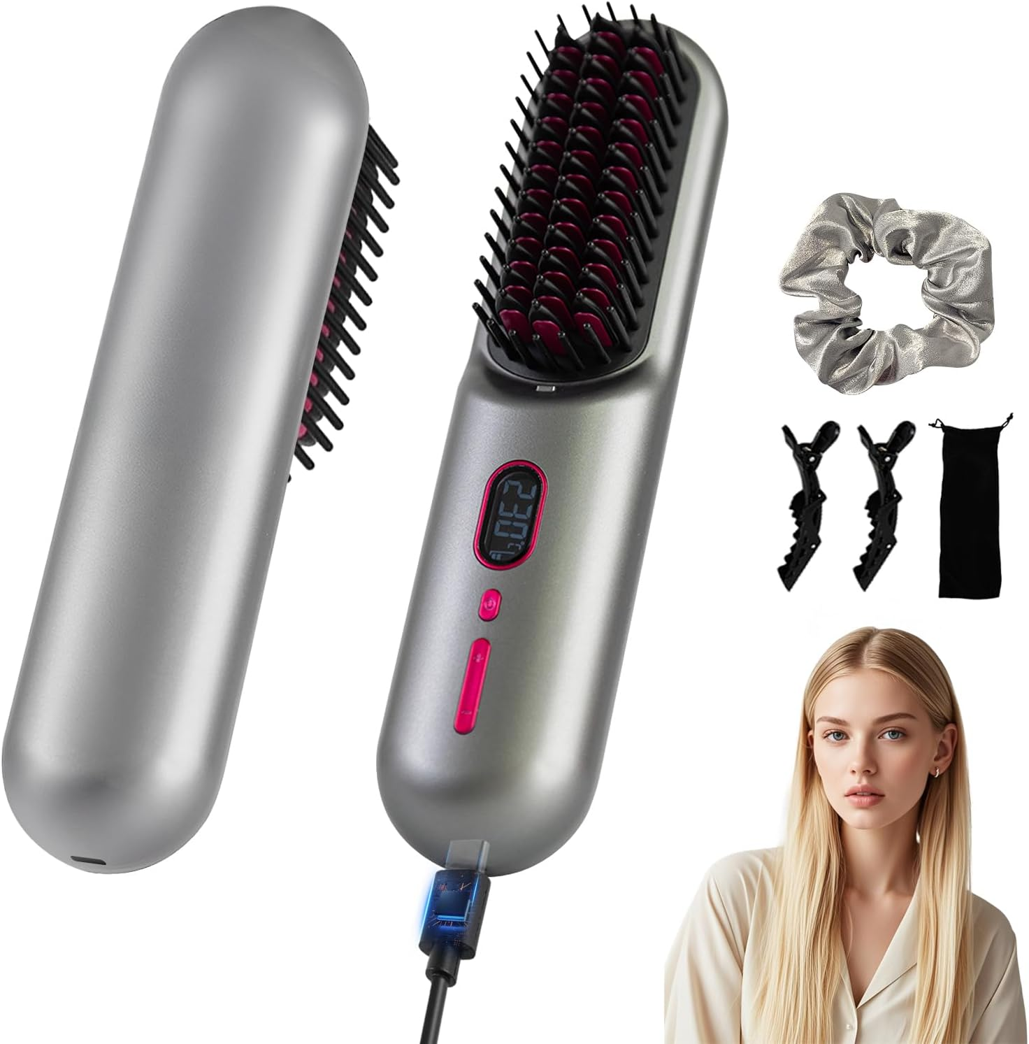 Top G Cordless Hair Straightener Brush Portable Mini Straightening Brush for Travel Upgraded 9600MAH USB Rechargeable Negative Ion Hot Comb Hair Straightener for Women(White)