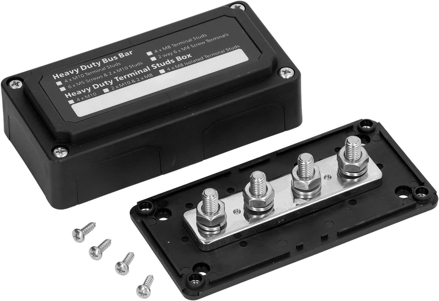 300A 48V Bus Bar, Positive & Negative Power Distribution Block with 4 X M8 Terminal Studs & Cover, Heavy Duty Battery Terminal Block for Marine, Automotive, RV, Boat, Car, Truck (Black)