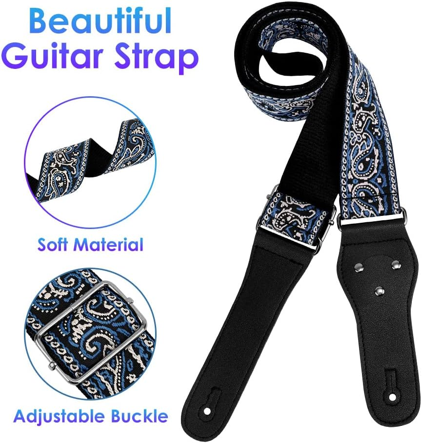 AUTOWT Guitar Strap, Vintage Embroidered Cotton Guitar Straps with Genuine Leather Ends for Bass Electric & Acoustic Guitars with Strap Locks Headstock Buttoned Tie Headstock Lace Tie 3 Guitar Picks image number 4