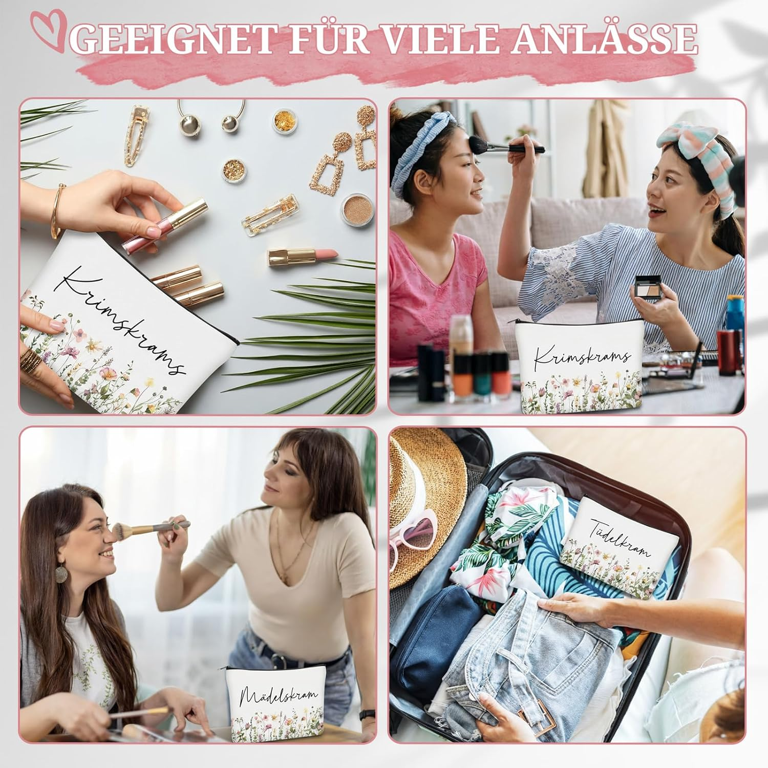 Geiserailie 3 Pieces Trousse De Maquillage Petite Trousse De Toilette Avec Inscription Zipp&eacute;e Portefeuille De Voyage Pour Femmes Et Filles, Flowers, Flowers image number 3
