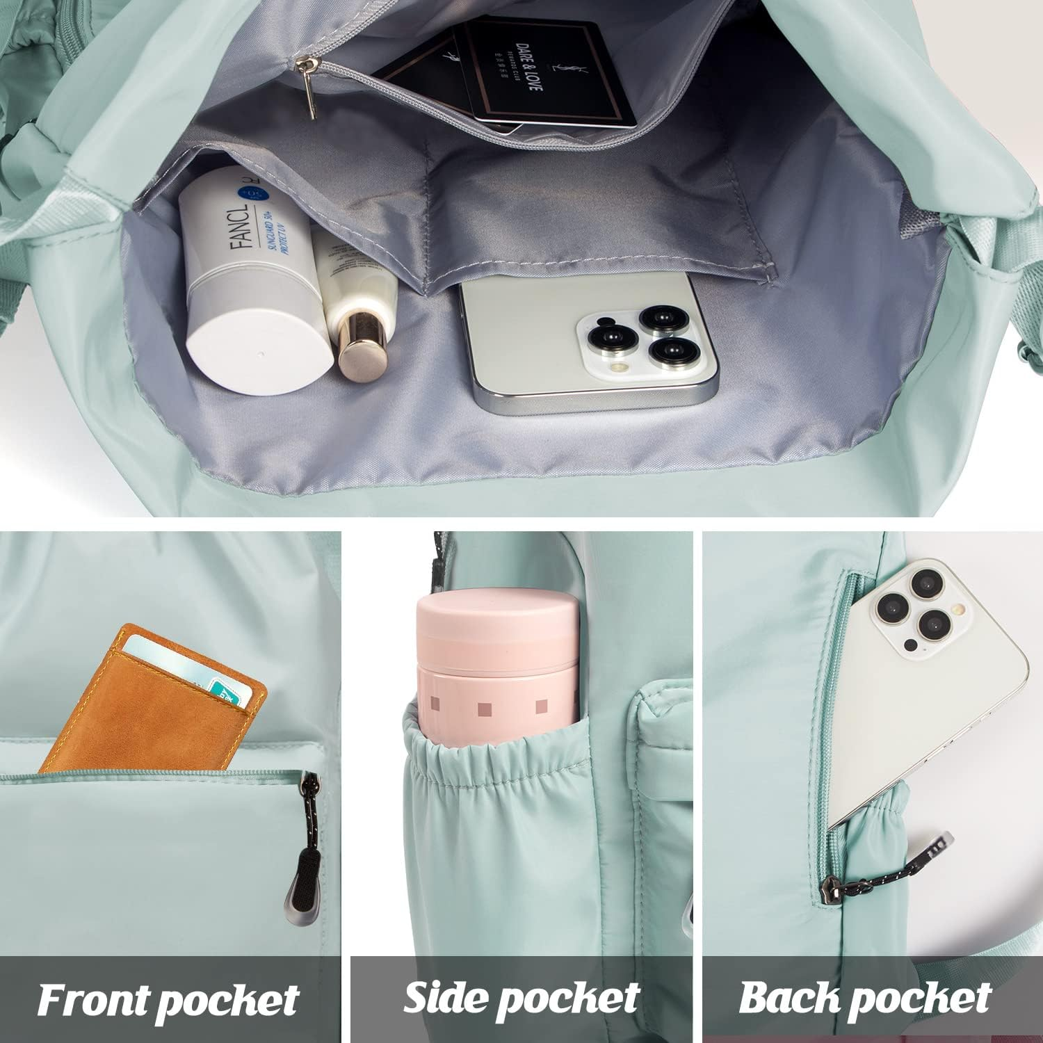 INONIX Large Capacity Folding Travel Drawstring Backpack Sports Gym Bag for Women Men Children Large Size with Zipper Bottle Pockets image number 2