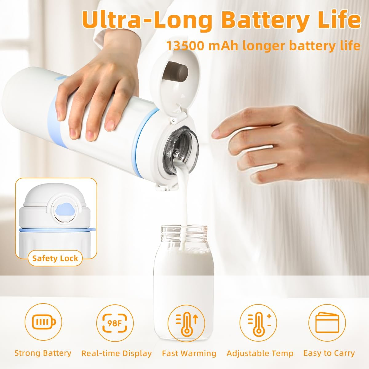 Portable Milk Warmer for Travel,2.5 Min Fast Heating for Breast Milk and Formula, Portable Bottle Warmer with 13500Mah Long Battery, 17Oz Large Capacity, Fast Charging Baby Bottle Warmer image number 3