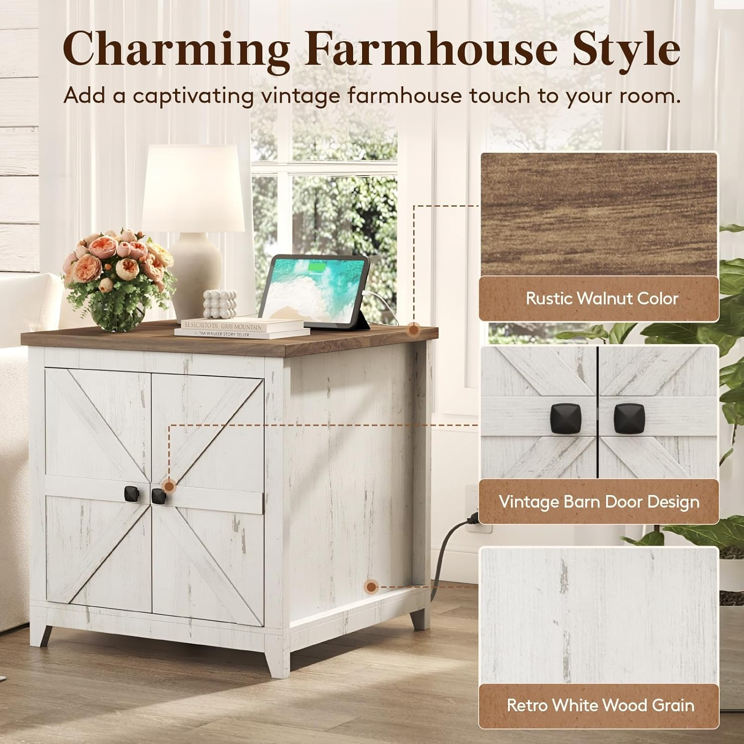 Lifewit Farmhouse End Table with Charging Station and USB Ports, 24" Large Tabletop Side Table with Double Barn Doors, Wood Square Nightstand for Living Room, Office, Bedroom, Rustic White image number 3