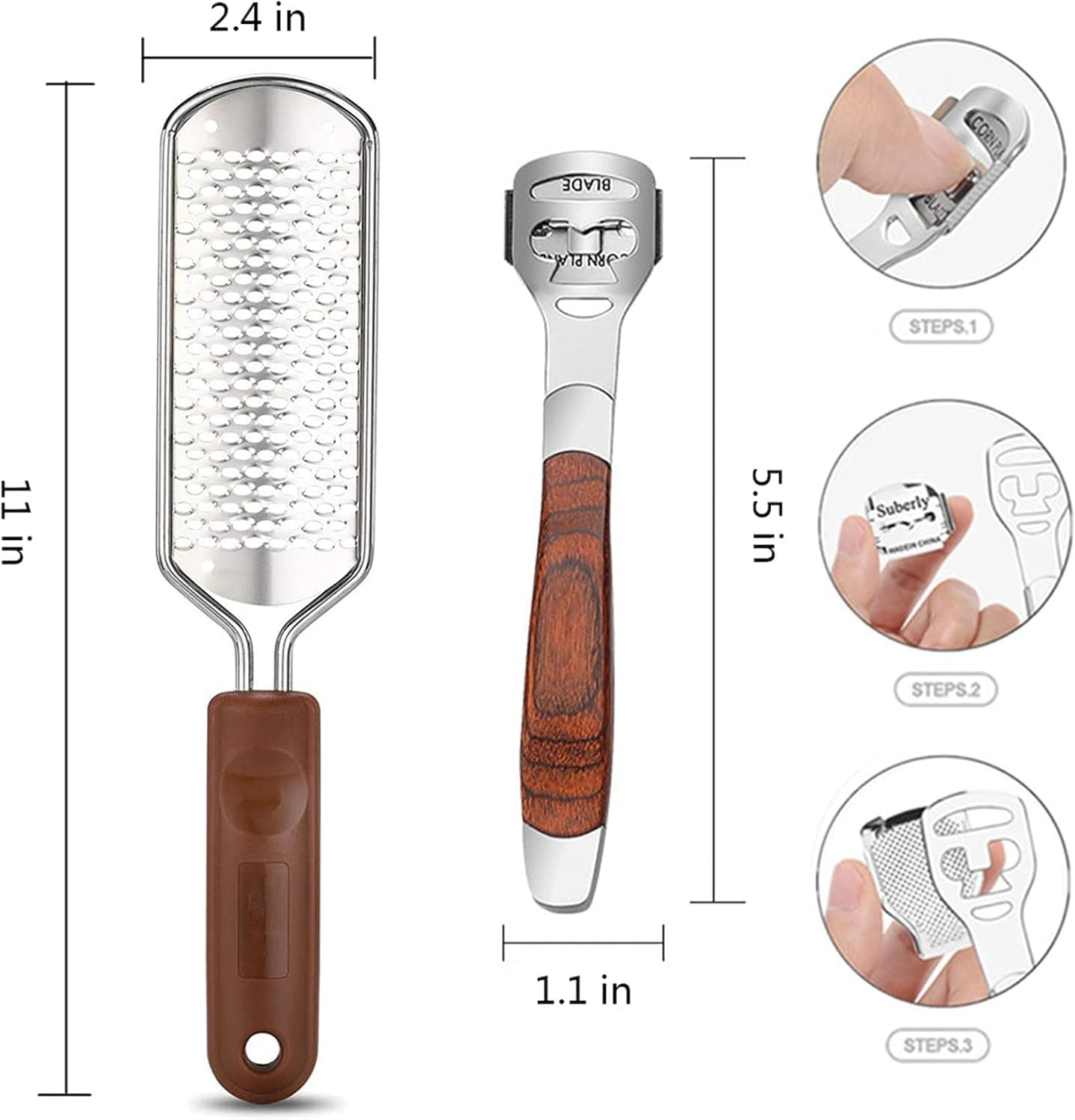 2Pcs Foot File and Callus Remover Tool with 20 Blades,Ergonomic Handle, Pedicure Foot File Kit for Wet/Dry Use on Cracked Heels, Dead Skin and Corns image number 2