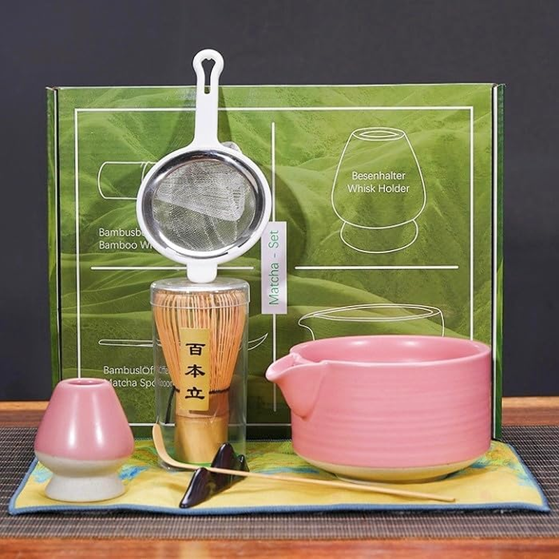 Matcha Whisk Set 7Pcs Matcha Bowl Sets Pink Matcha Tea Bowl Bamboo Whisk Matcha Scoop Whisk Holder Scoop Holder Stainless Steel Tea Steel Sifter Tea Cloth Japanese Matcha Tea Accessory image number 1