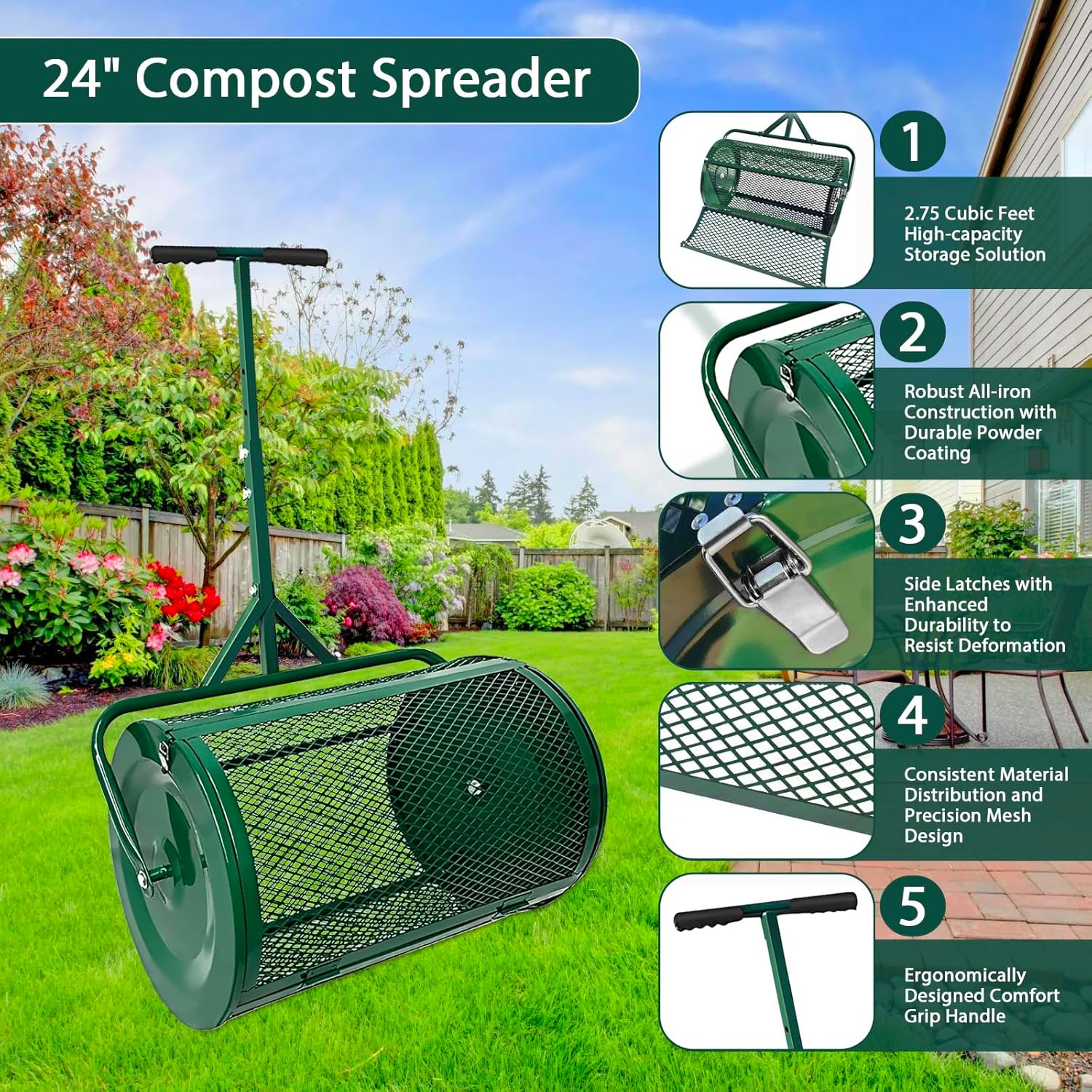 24" Compost Spreader Lawn and Garden Peat Moss Roller with 22.4"-27.5" Height Adjustable Handle 24" X 15.7" Powder Coated Mesh Basket with Side Latches for Topsoil Manure Fertilizers image number 1