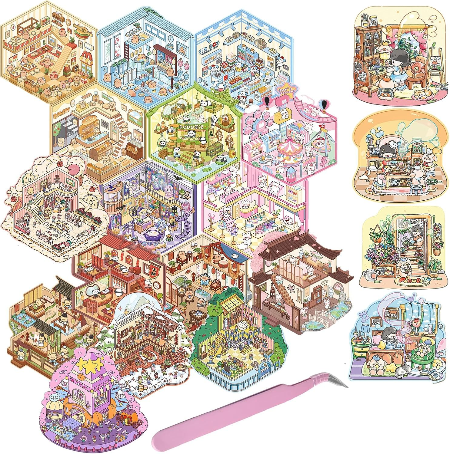 20 Set DIY 3D Sticker Scene Collection Book,Fun DIY House Stickers for Kids Make Your Own Warm Home,Cake Shop,Burger Shop,Therapy for Adult for Relief Stress Pass the Time image number 1