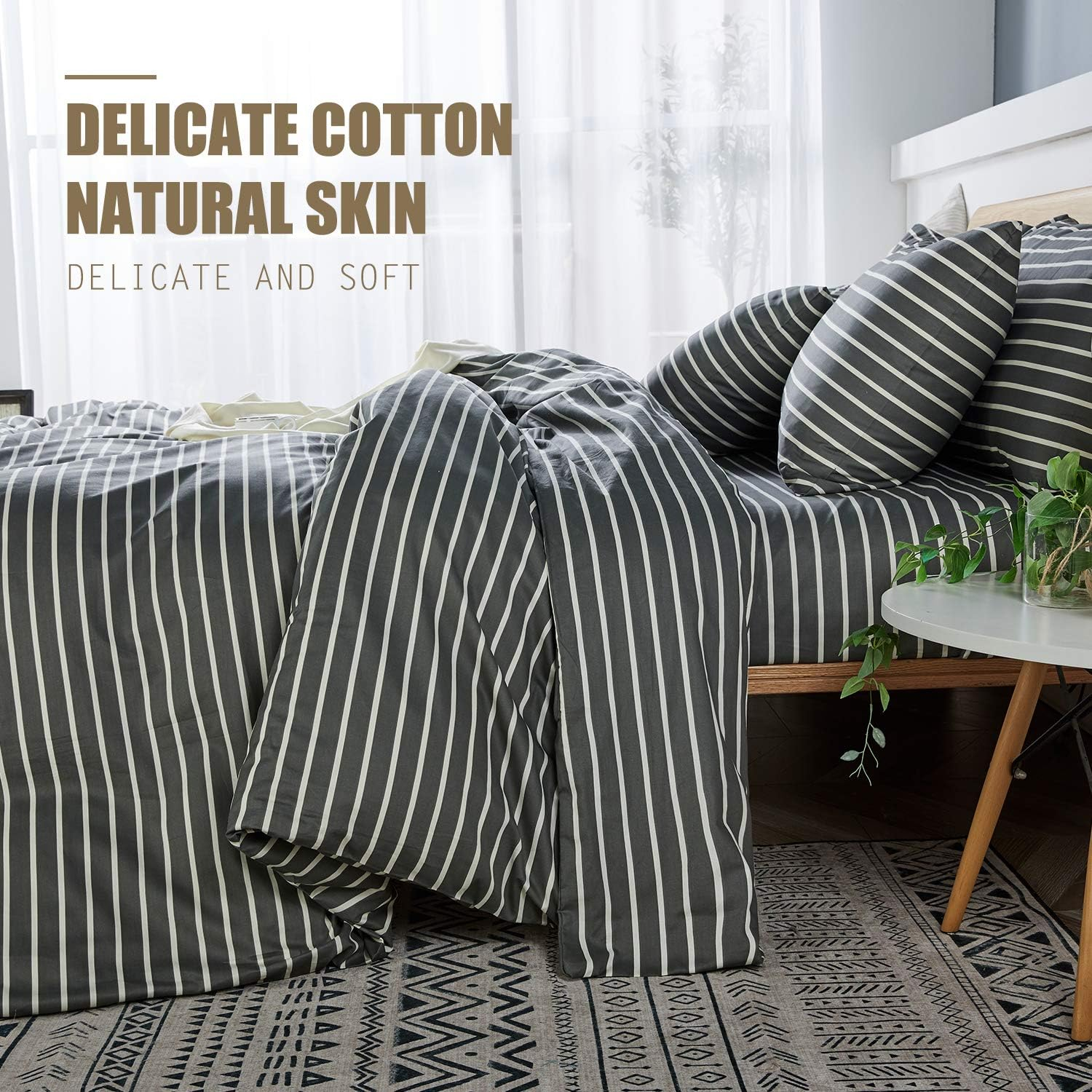 JELLYMONI 100% Natural Cotton 3Pcs Striped Duvet Cover Sets, Dark Grey Duvet Cover with White Stripes Pattern Printed Comforter Cover, with Zipper Closure & Corner Ties(Queen Size) image number 6