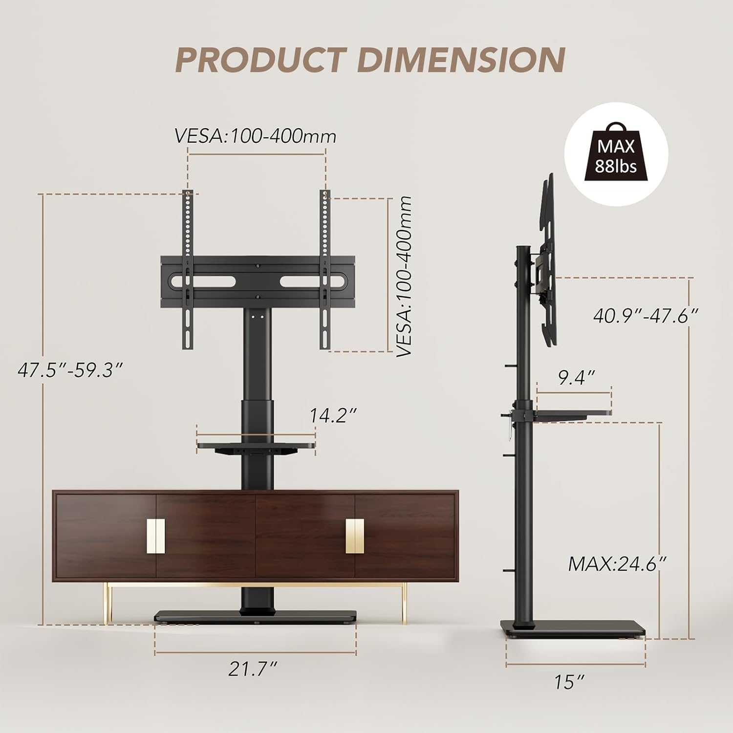 Universal Floor TV Stand with Mount 70 Degree Swivel 9 Level Height Adjustable and Space Saving Design for Most 27 to 65 Inch LCD, LED OLED Tvs One Shelf - White image number 7