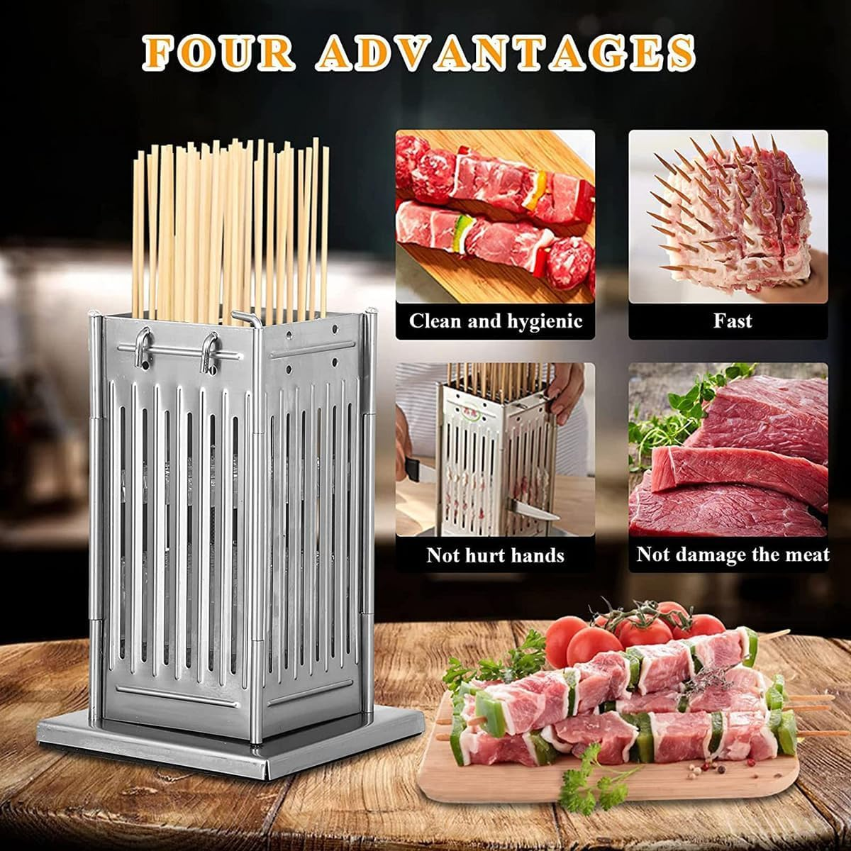 Stainless Steel Meat Skewer Machine, 49 Holes Kabob Maker Box BBQ Tool, with 100 Bamboo Sticks, Adjustable Height, Beef Mutton Meat Grill Machine, for Kitchen, Barbecue Shop, Picnic image number 1