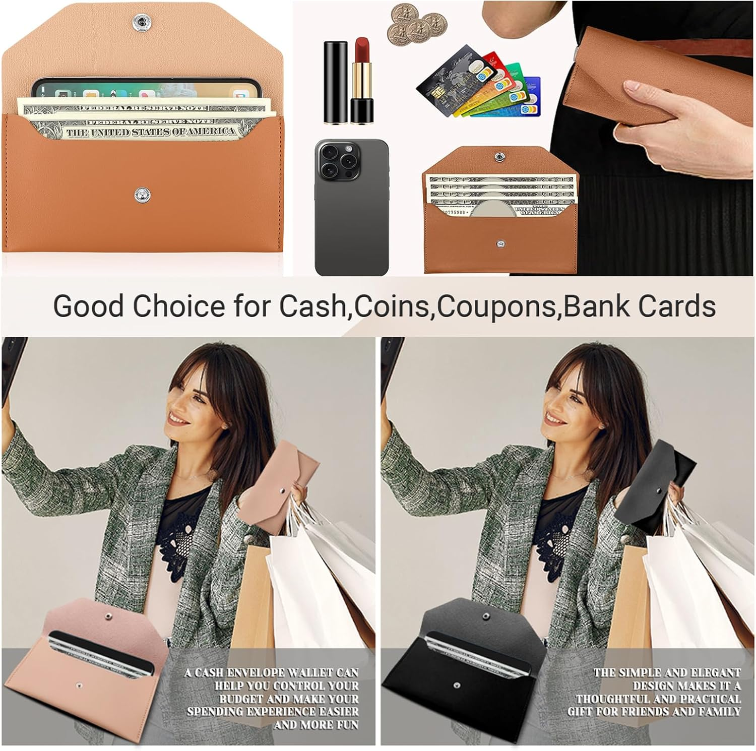 JOWILIN 3 Pcs Cash Envelopes Bag, PU Leather Cash Money Pouchs, Reusable Cash Budget Wallet, Money Envelopes for Birthday, Wedding, Graducation, Holidays, Spring Festival (Black, Pink, Brown) image number 5