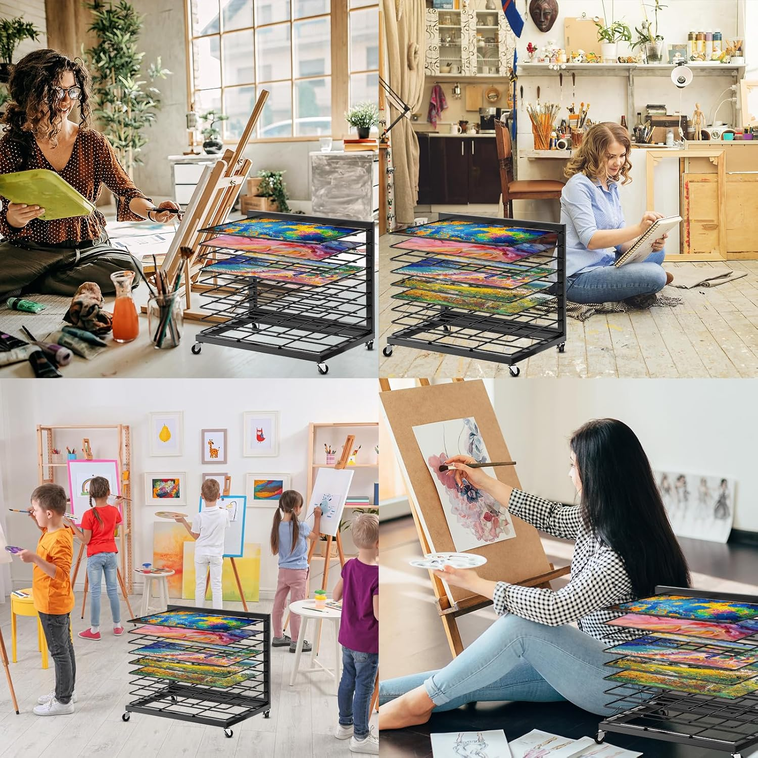 HOOMFIT Portable Art Storage Rack,Painting Drying Rack, 9 Removable Shelves Art Drying Rack with Lockable Wheels
